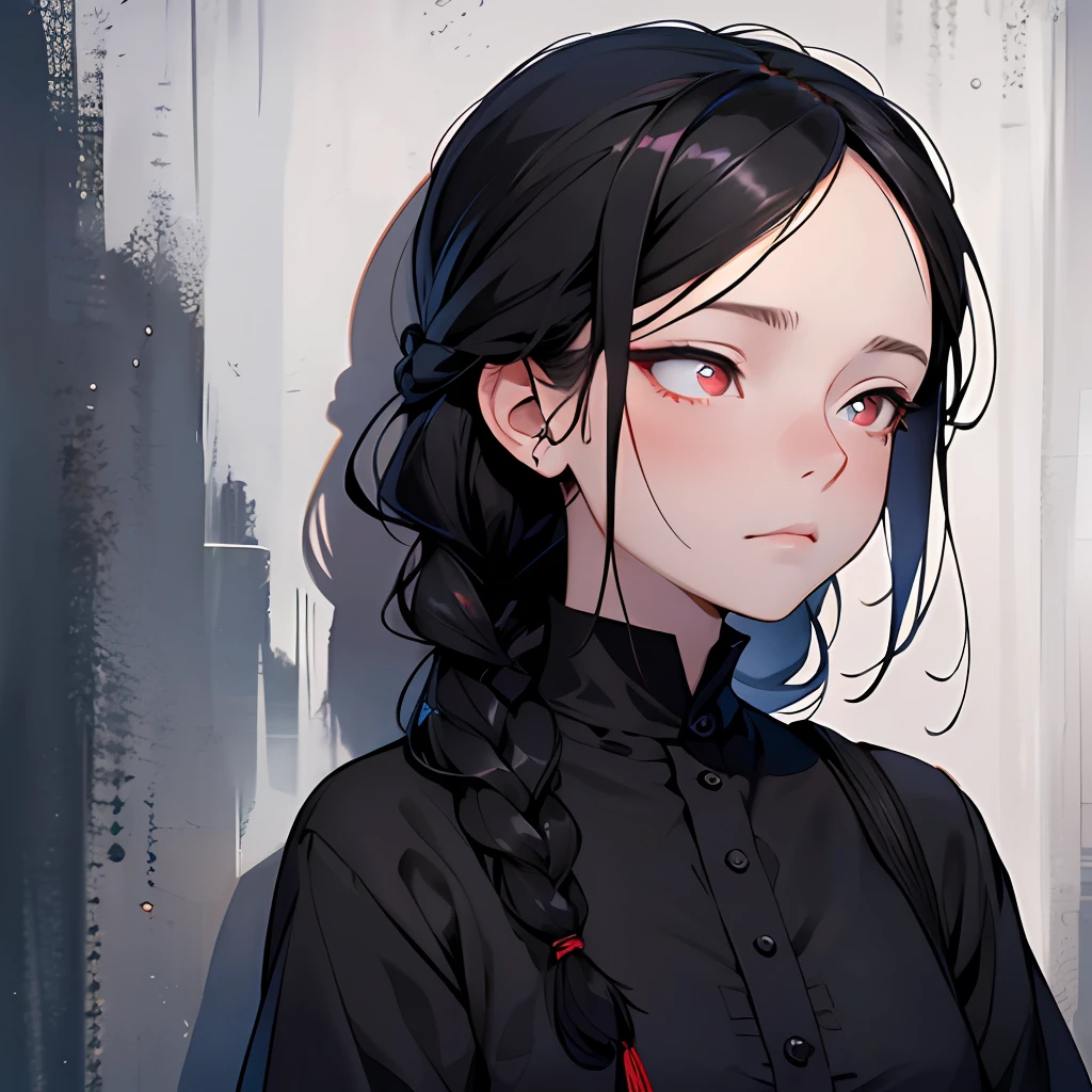 (smooth lighting), ((Beautiful eyes)),30mm lens,wide shot layout,wednesday addams BREAK ars old,black hair,pale skin,red eyes,jitome,hollow eyes, half-closed eyes,detailed eyes,beautiful eyes,hair ornaments at hexagram,1girl,solo,braid,ashamed,troubled expression,best quality,ultra-detailed,(masterpiece),looking away,