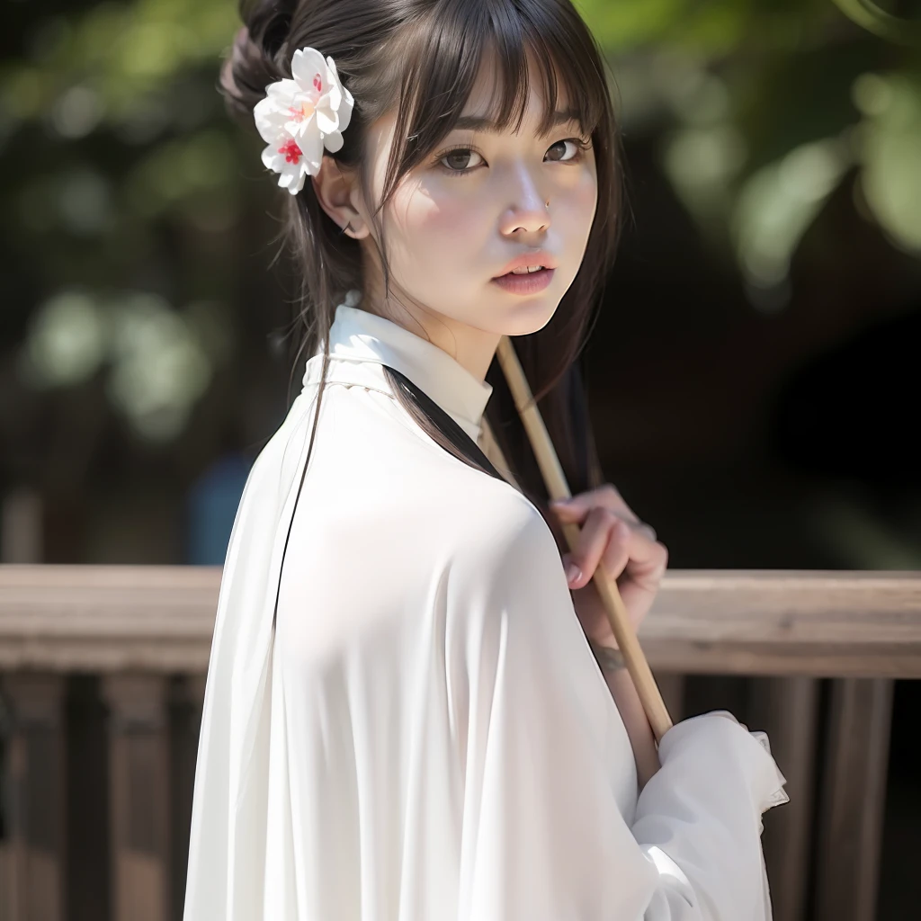 A female chinoiserie,Tang suit,delicated,Teen girls,whaite hair,turning around,With an oil-paper umbrella