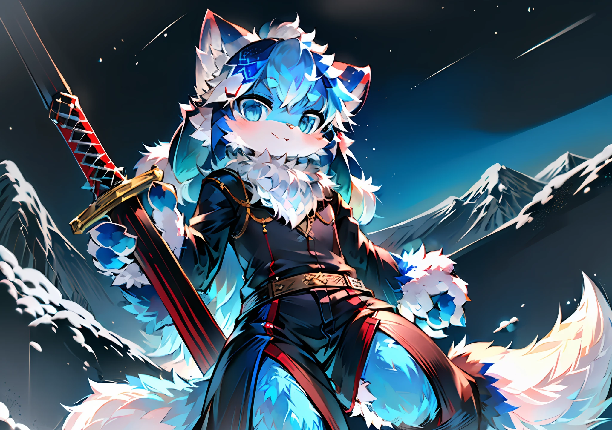 (ambiente dark:0.8),巨作,High quality,abstract res,Digital painting\(The artwork\), Yupa,Kiyosan,(anthro,Fluffy fur,Character focus:1.1),anthro male cat,eyes with brightness, 独奏, shaggy, shaggy male, (Full Body Furry, Fluffy tail, White fur, blue color eyes, There are blue horns on the head,There are stars in the eyes,ssmile:1.2), (long canines、holding long sword、heavily armed、sense of science and technology、looking towards the viewer:1.2),(external、the night、As estrelas、A starry sky、sunraise、snow mountains:1.1)