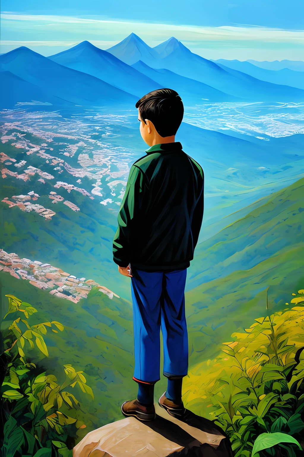 guttonerdvision4, Illustration of a sunrise from above the mountains, with yellowish sky, azul, alaranjado, intricate, and a bespectacled 3-year-old boy looking at the sunrise horizon. Corpo inteiro. Ele veste roupas de aventura. Below and at the bottom of the mountain a city appears blurred demonstrating the height at which the boy is. Ilustracao detalhada, rica em detalhes feita pelo artista Alex Ross