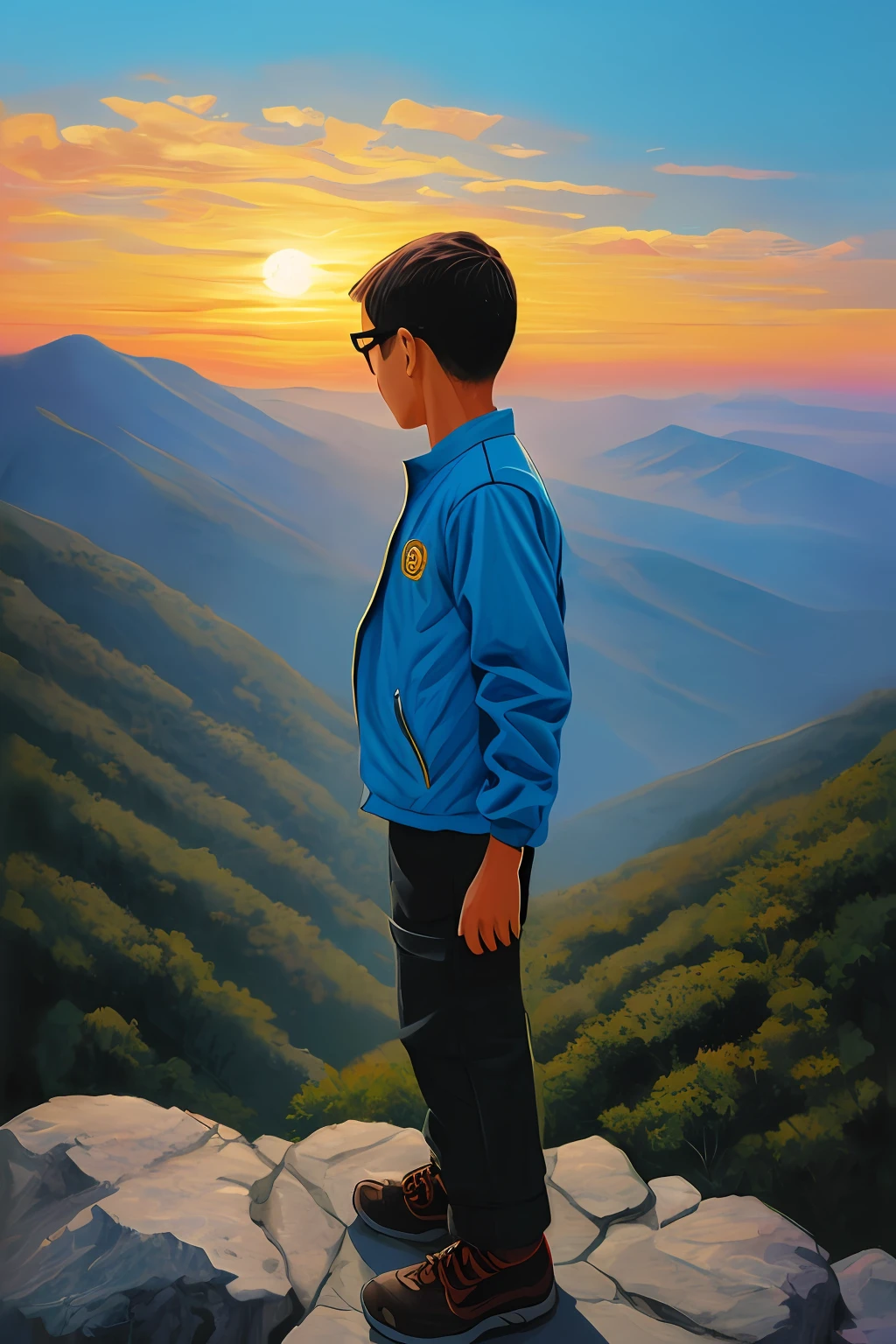 guttonerdvision4, Illustration of a sunrise from above the mountains, with yellowish sky, azul, alaranjado, intricate, and a bespectacled 3-year-old boy looking at the sunrise horizon. Corpo inteiro. Ele veste roupas de aventura. Below and at the bottom of the mountain a city appears blurred demonstrating the height at which the boy is. Ilustracao detalhada, rica em detalhes feita pelo artista Alex Ross