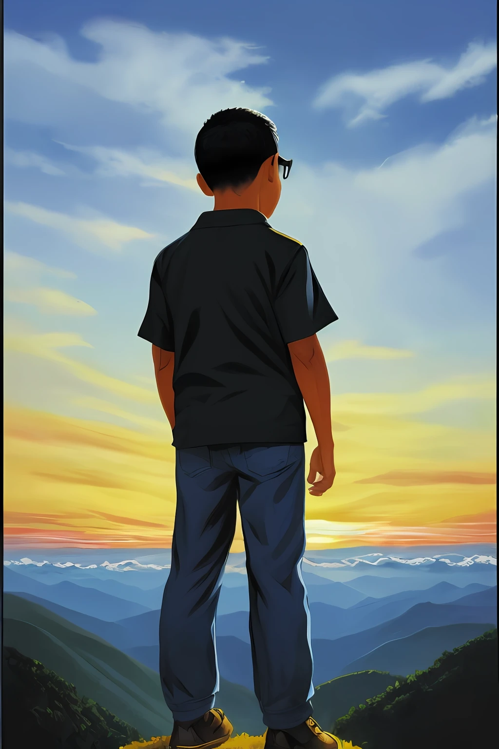 guttonerdvision4, Illustration of a sunrise from above the mountains, with yellowish sky, azul, alaranjado, intricate, and a bespectacled 3-year-old boy looking at the sunrise horizon. Corpo inteiro. Ele veste roupas de aventura. Below and at the bottom of the mountain a city appears blurred demonstrating the height at which the boy is. Ilustracao detalhada, rica em detalhes feita pelo artista Alex Ross