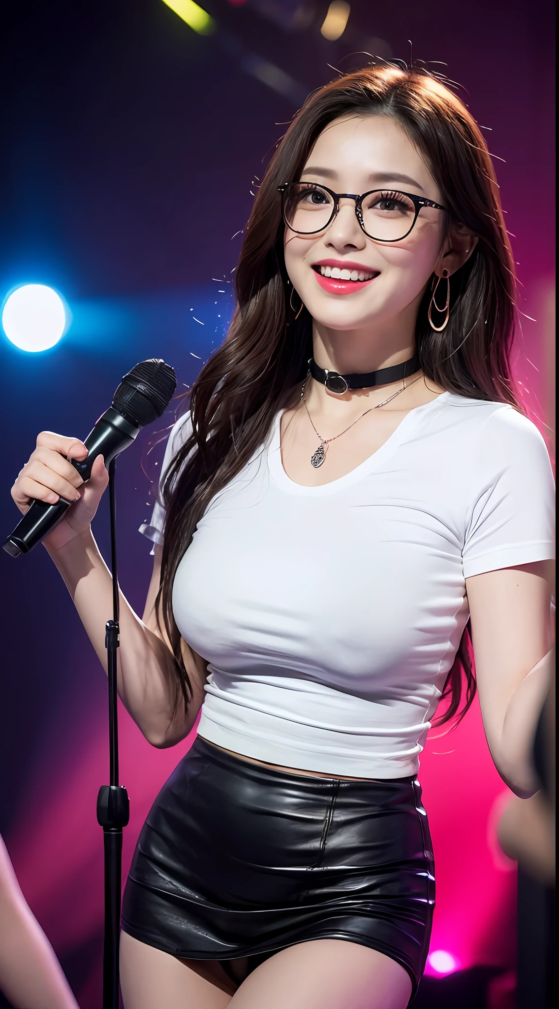 ((midnight, need, 8K, tmasterpiece:1.3)), A whole body, Long legs, Focalors:1.2, Plump body,perfect figure beautiful woman:1.4,((Dark brown hair, hugetits:1.2 )), (Low-cut white T-shirt, Deep V white T-shirt,Skinny white T-shirt,blackstockings,short skirt), ((Nightclub,Karaoke)), crowd of,Highly detailed facial and skin texture, detailed eye, 双眼皮,wears glasses,ample breasts,Smile with,Bigger breasts, Wavy hair,ample breasts,Get wet,Sweat profusely,Red lips,Wear earrings,wearing a choker,Wear a bracelet,orgy,Rejoice,Hot dance,Perfect chest shape,drink,vibrancy,Heaty,wildness