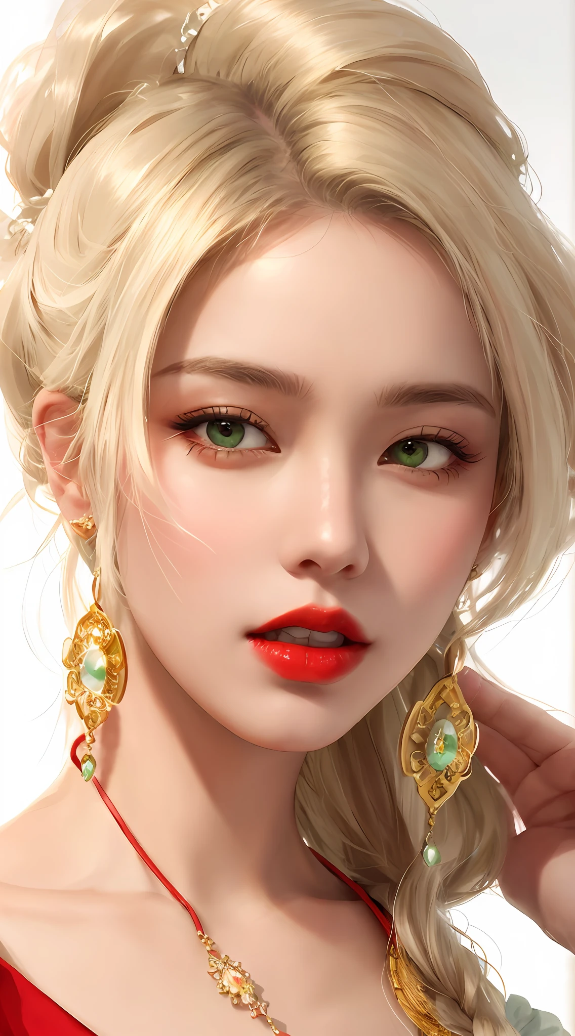 Realistic style,Fantastic screen,A woman in a white period costume,length hair,Red lips,Showy,Look into the camera,Green mountains,The wind blows hair,Close-up of head and face people,Blurred background,tmasterpiece,high qulity,8K