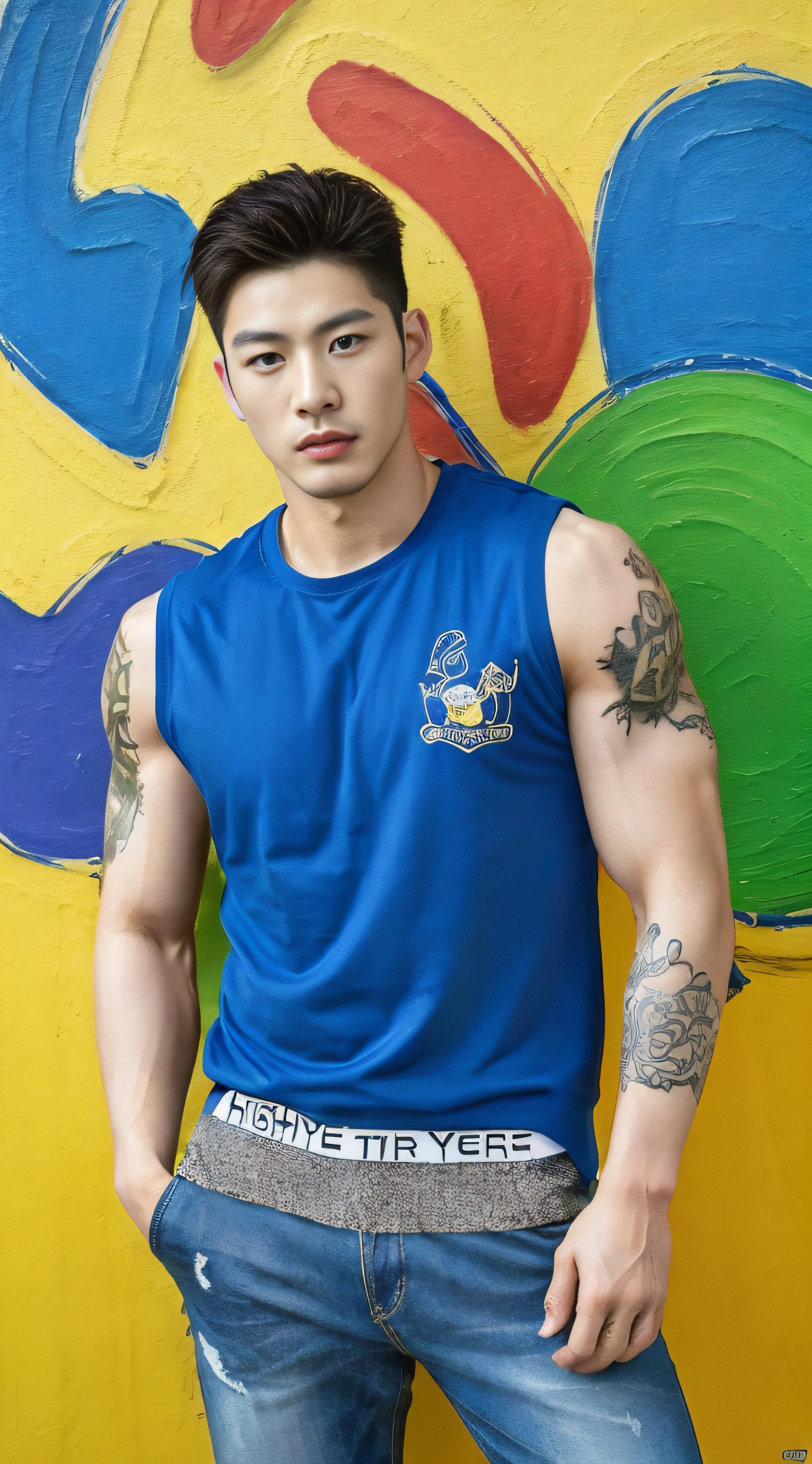 A high-definition, 8K, hyperrealistic portrait of a handsome Chinese man with tattoos, well-defined muscles, exquisite facial features, fully but wearing underwear and sneakers. The background is filled with vibrant and colorful tattoos. Use the style of a post-impressionist painter like Vincent Van Gogh or Paul Gauguin. Include elements of surrealism and hyperrealism.