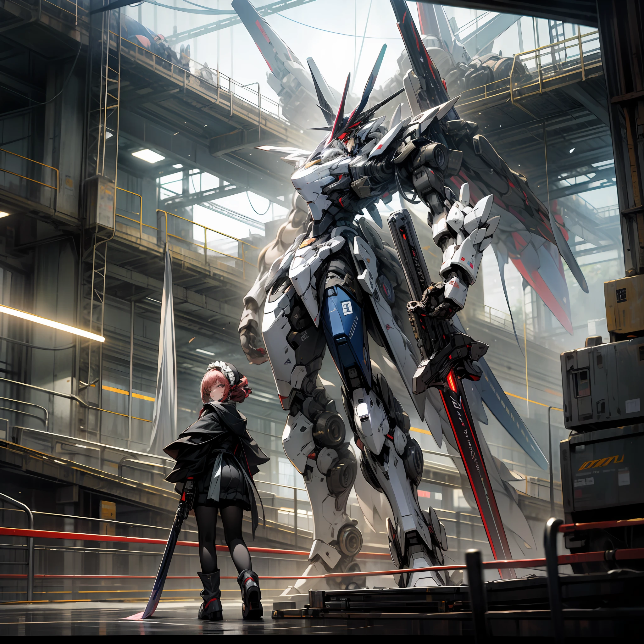 k hd，2K，Mecha Maiden，Five meters tall，Mecha maid outfit，Holding a huge mecha lightsaber in his hand，Flying light curtain weapons in the back，（Mecha maid） --auto