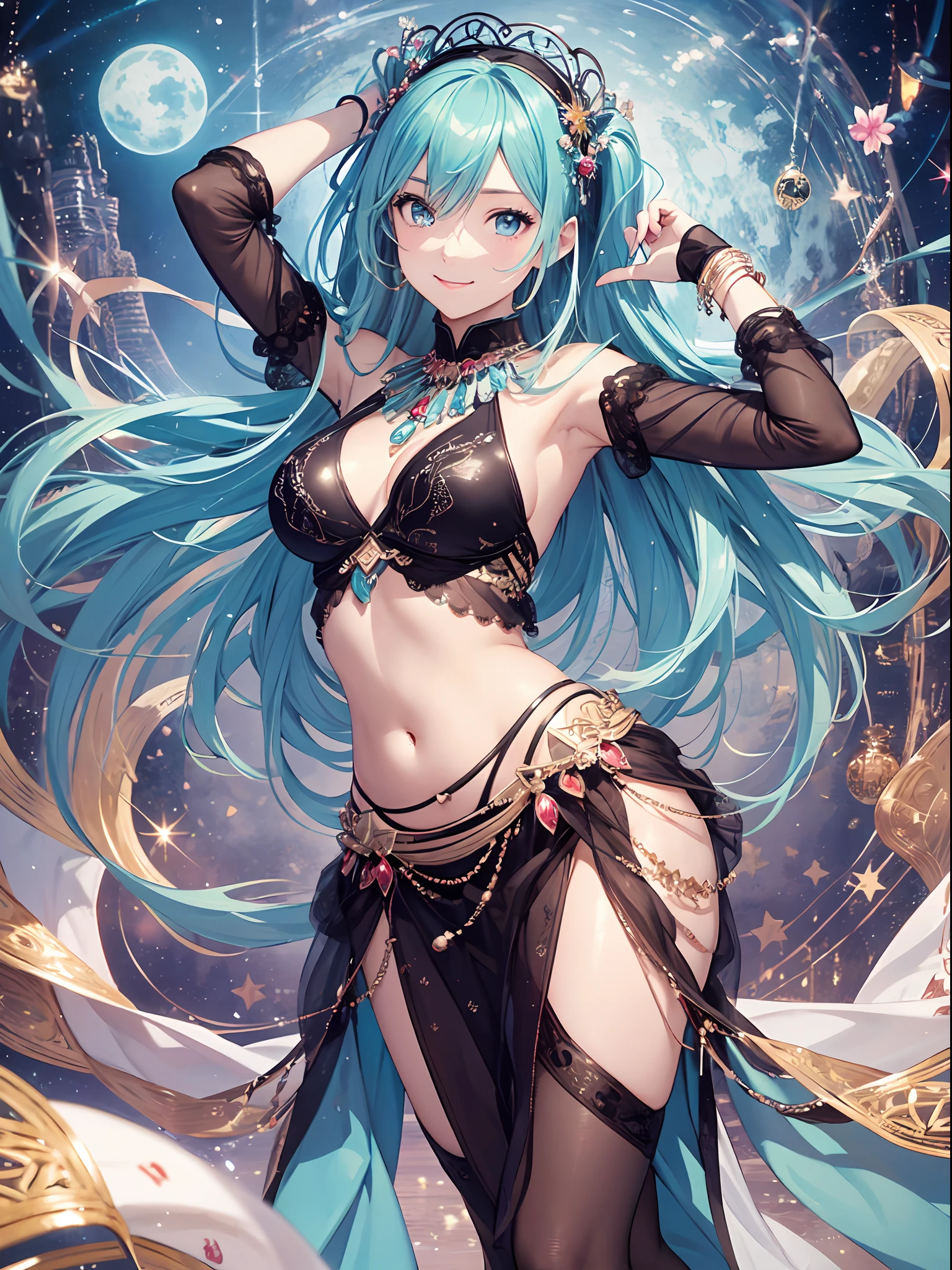 最好质量、Photorealistic、An ultra-fine illustrations、beautiful attractive anime girl、HATSUNEMIKU、Slender body、Tied hair、only girl、a photo of girl、Full body shot、Beautiful blue eyes、a smile、With Arabic background、Arabic dancers、Belly dance、teats、See-through Belly Dance Dress、