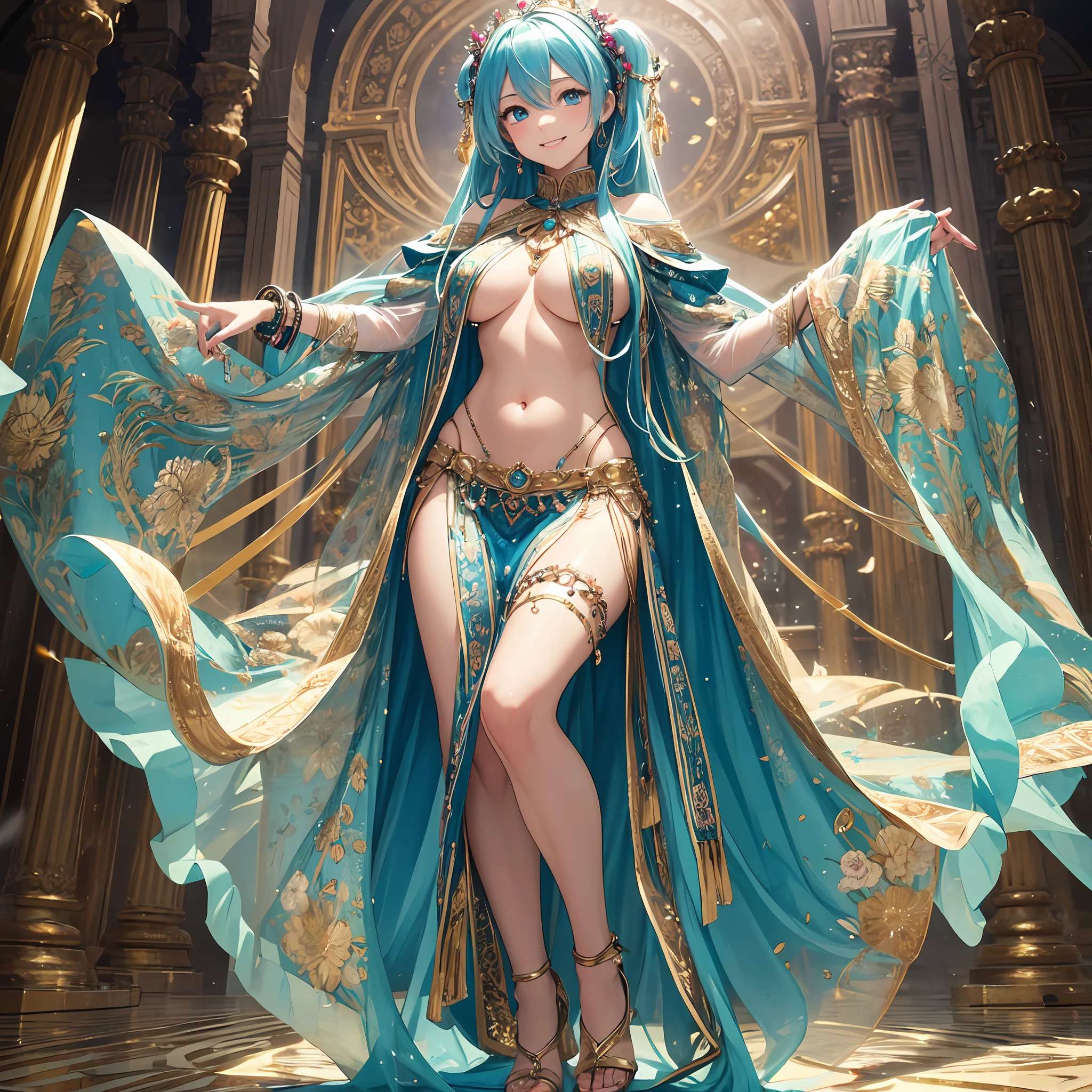 最好质量、Photorealistic、An ultra-fine illustrations、beautiful attractive anime girl、HATSUNEMIKU、Slender body、Tied hair、only girl、a photo of girl、Full body shot、Beautiful blue eyes、a smile、With Arabic background、Arabic dancers、Belly dance、See-through belly dance dress with visible