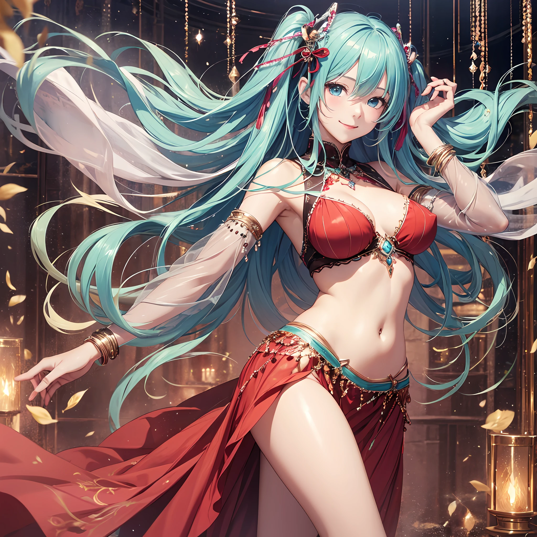 最好质量、Photorealistic、An ultra-fine illustrations、beautiful attractive anime girl、HATSUNEMIKU、Slender body、Tied hair、only girl、a photo of girl、Full body shot、Beautiful blue eyes、a smile、With Arabic background、Arabic dancers、Belly dance、Belly dance dress with transparent fabric showing