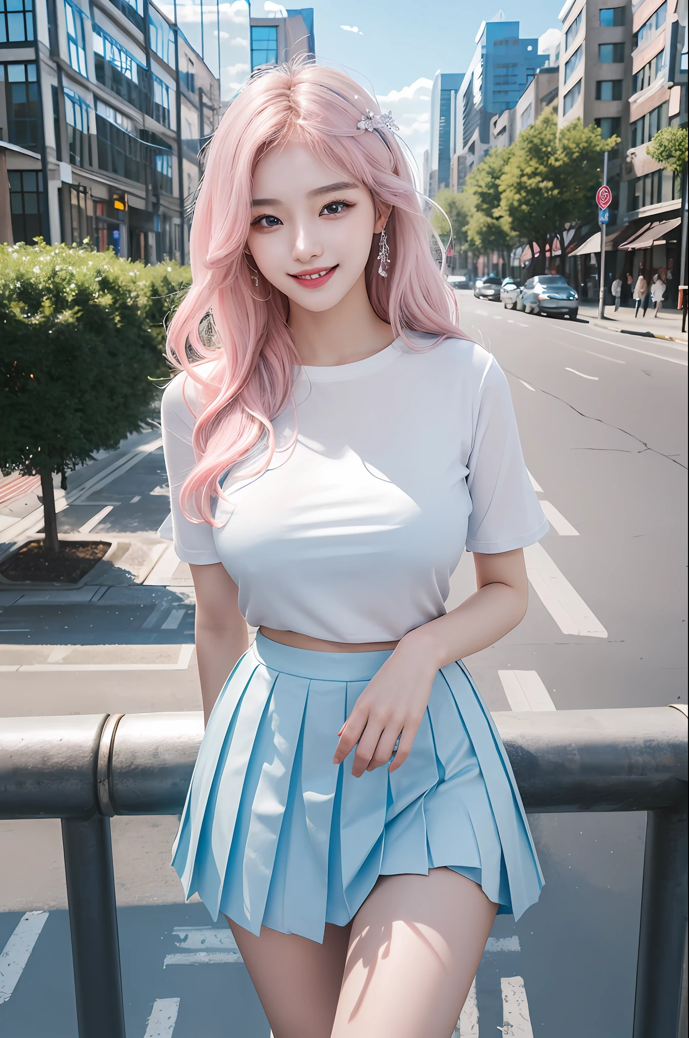 official art, masterpiece, sharp focus, (beautiful gorgeous cute Korean woman:1.3), (beautiful cute korean:1.3), korean beauty, Delicate and beautiful hair and eyes and face, realistic, ultra detailed, beautiful girl, blue sky, glow white particle, (sidelighting:1.2), sun light, white cloud, detailed clouds, slender, Lovely very large breasts and very large hips, smile with teeth, ((smile with eyes, open both eyes)), scenery, long straight hair, sexy facial expression, building, (cityscape:1.7), dynamic hair, long straight hair, detailed platinum pink hair, glow blue eyes, (blue pleated shirts + white skirt), white long socks, pale skin, hair ornament, epic scenery,