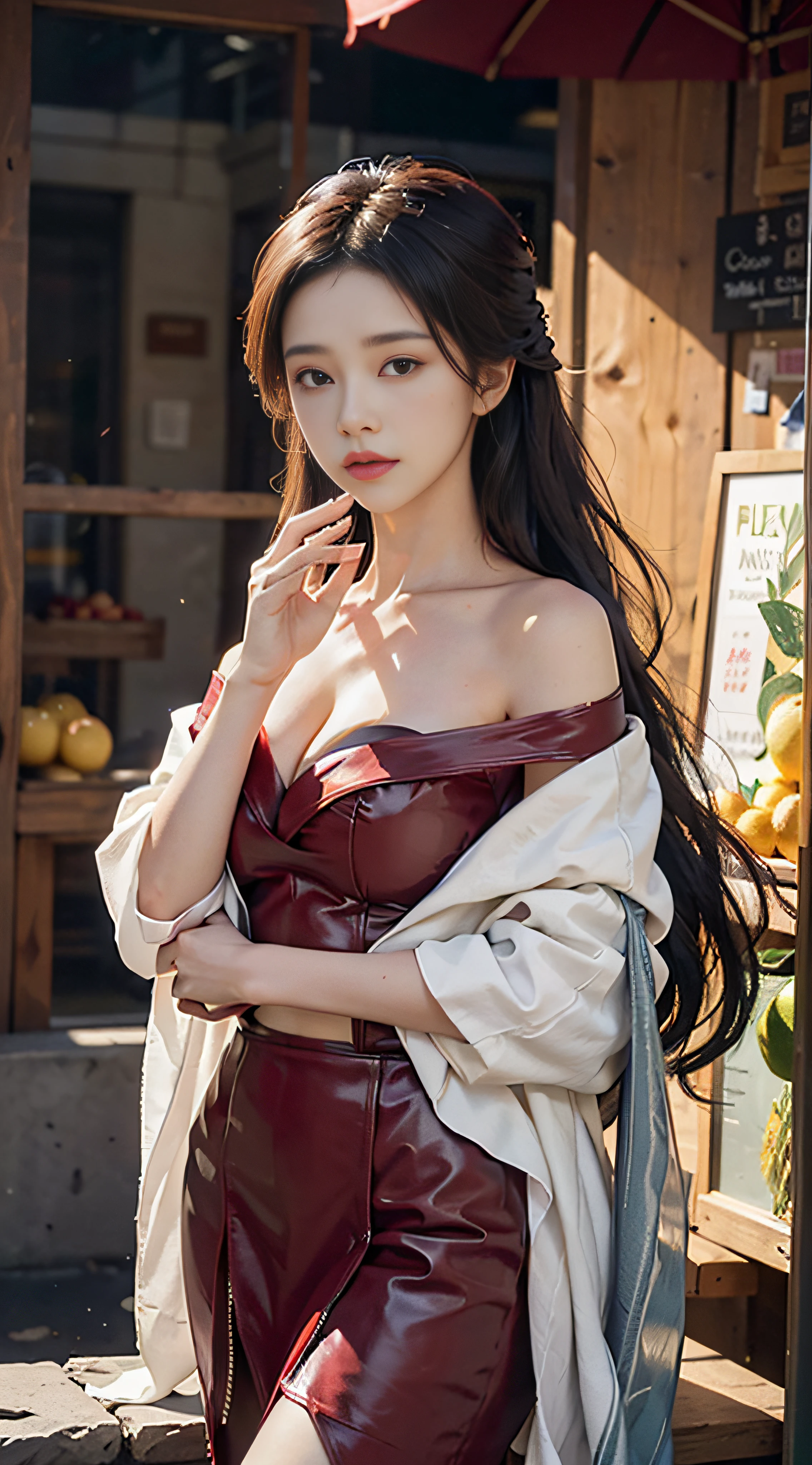 Super detailed close-up of women,1.4x fidelity,Super big breasts,HD clear,The resolution is very high,Wearing a burgundy leather jacket,Long hair shawls like waterfalls,Reveals smooth shoulders and neck,The background is Michelle Ice City,Glass in hand,Stand in front of the fruit store,Pour in the fresh lemon tea