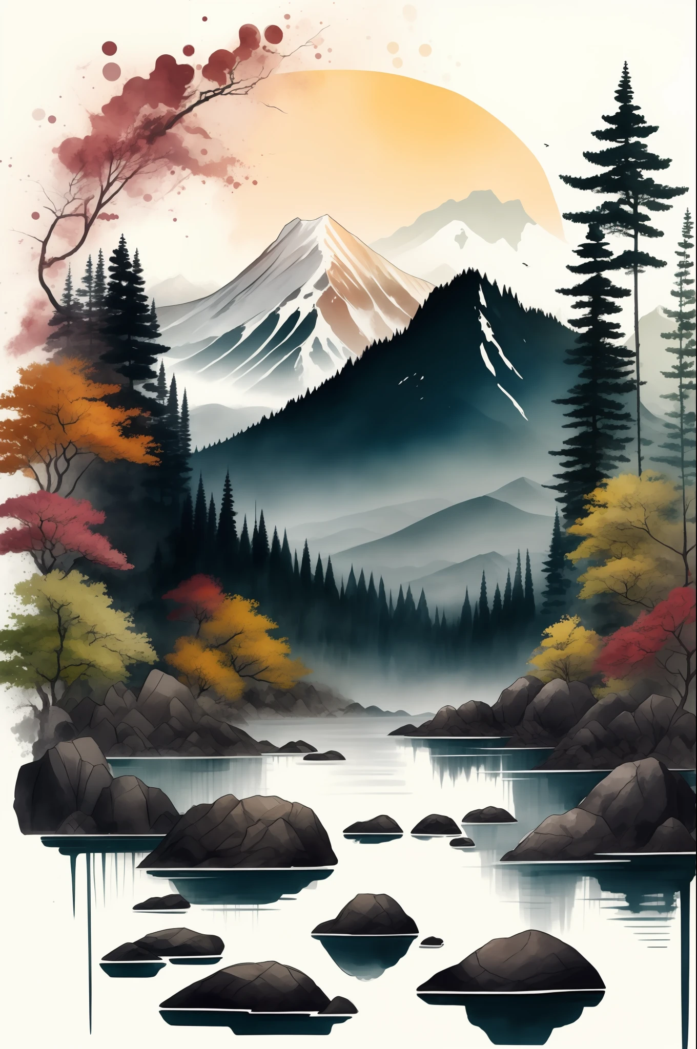 white background, scenery, ink, mountains, water, trees ,