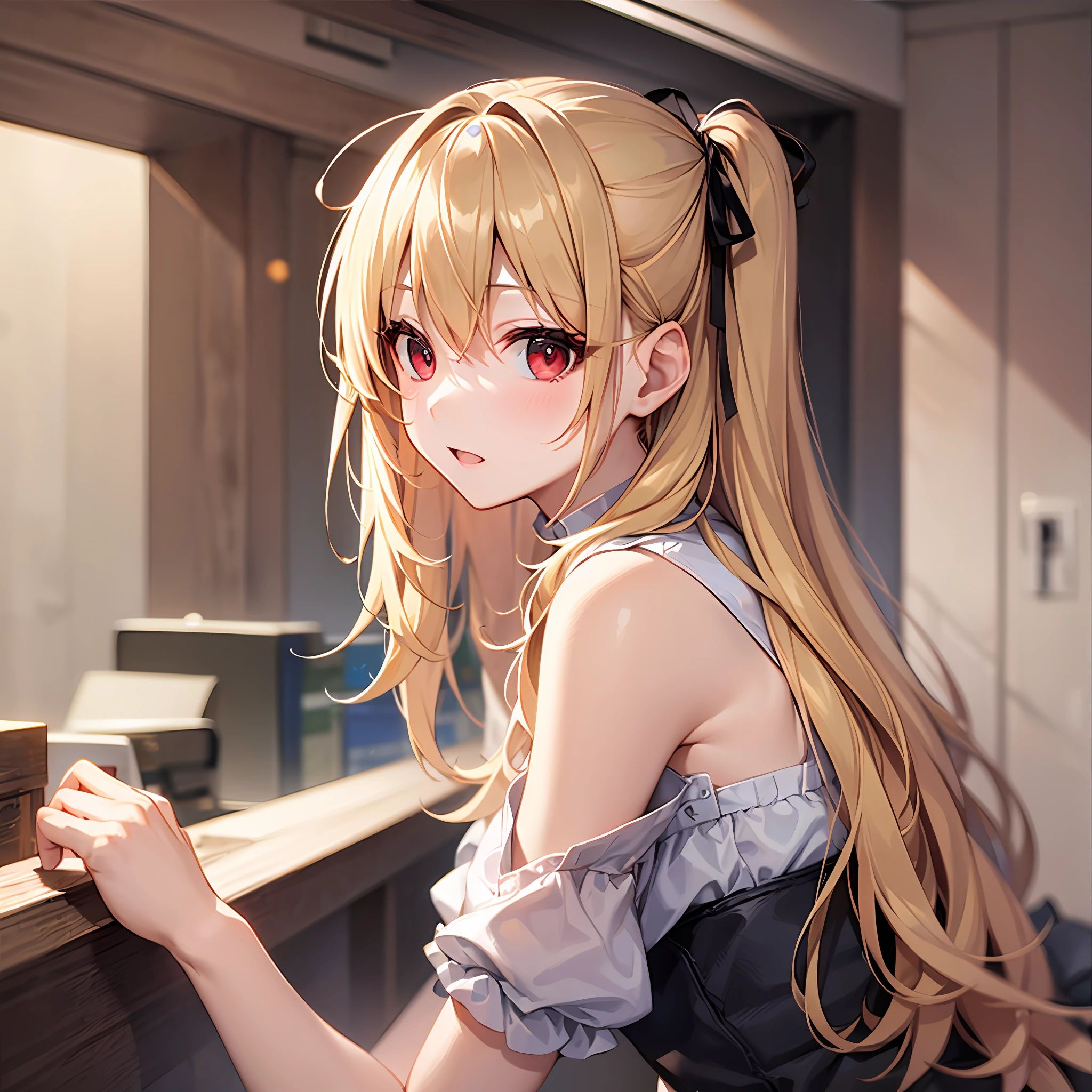 One blonde girl、red eyes、doress、off shoulders