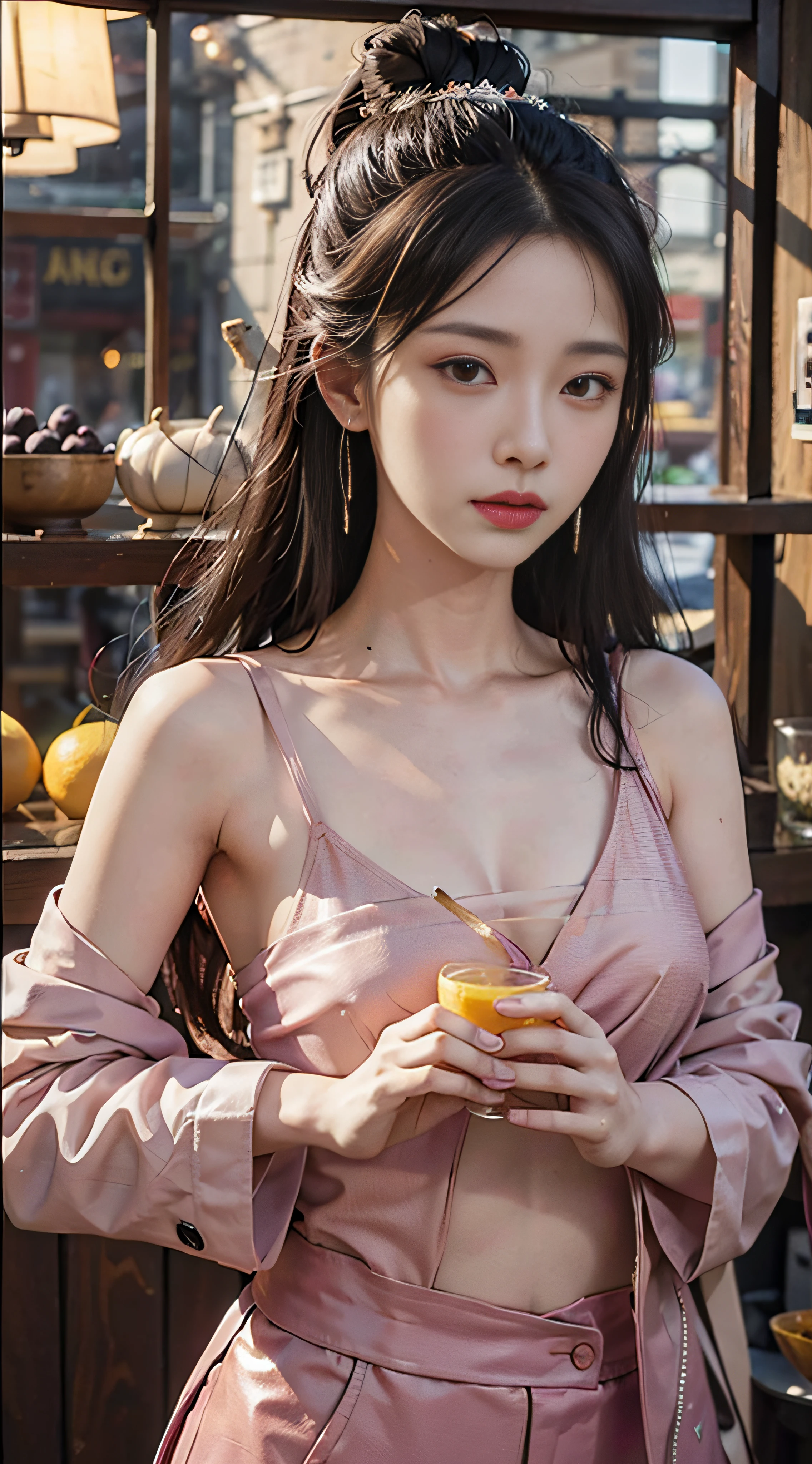 Super detailed close-up of women，1.4x fidelity，1 times the blessing of big breasts，HD clear，The resolution is very high，Wearing a burgundy leather jacket，Long hair shawls like waterfalls，Reveals smooth shoulders and neck，The background is Michelle Ice City，Glass in hand，Stand in front of the fruit store，Pour in the fresh lemon tea。