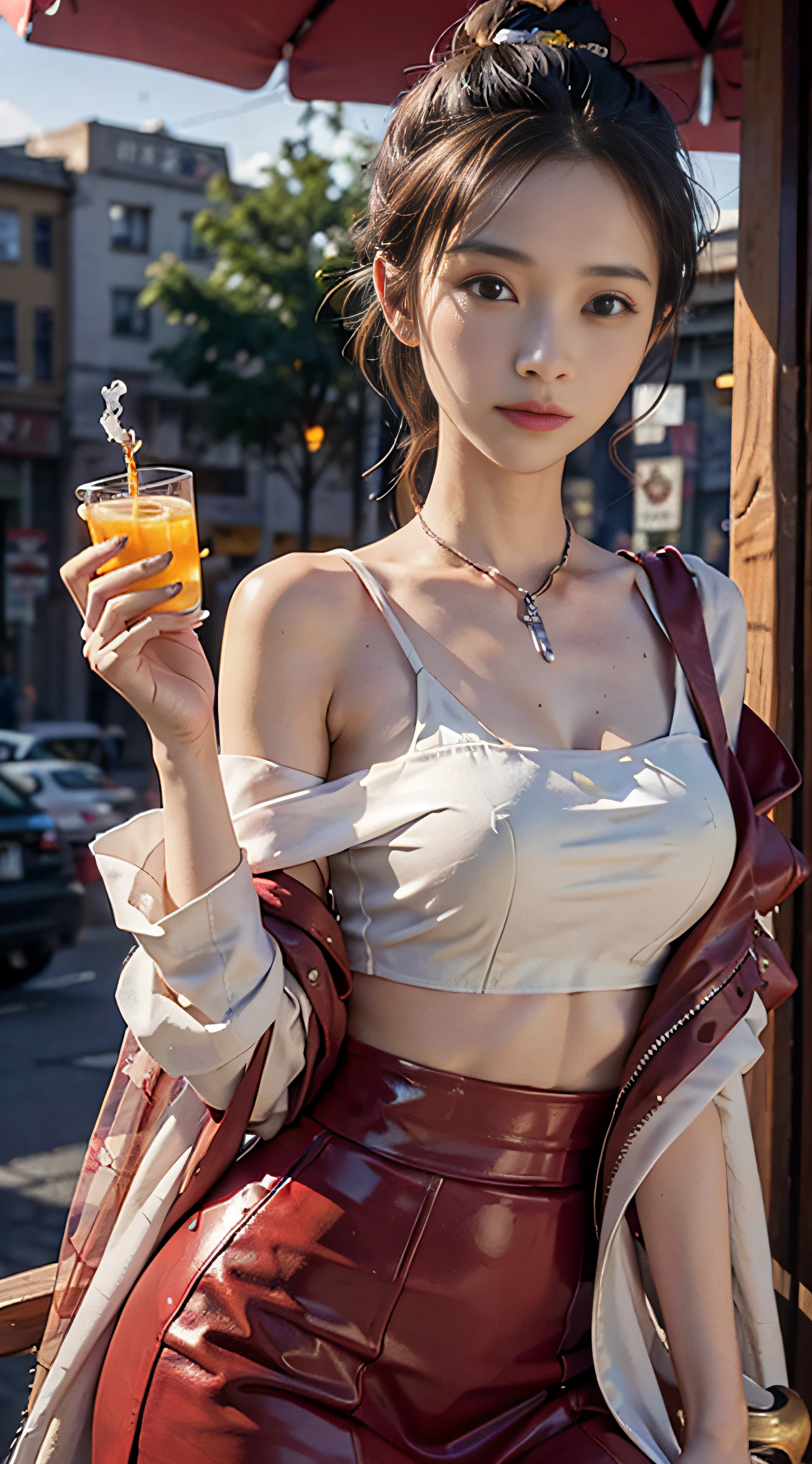 Super detailed close-up of women,1.4x fidelity,1 times the blessing of big breasts,HD clear,The resolution is very high,Wearing a burgundy leather jacket,Long hair shawls like waterfalls,Reveals smooth shoulders and neck,The background is Michelle Ice City,Glass in hand,Stand in front of the fruit store,Pour in the fresh lemon tea。