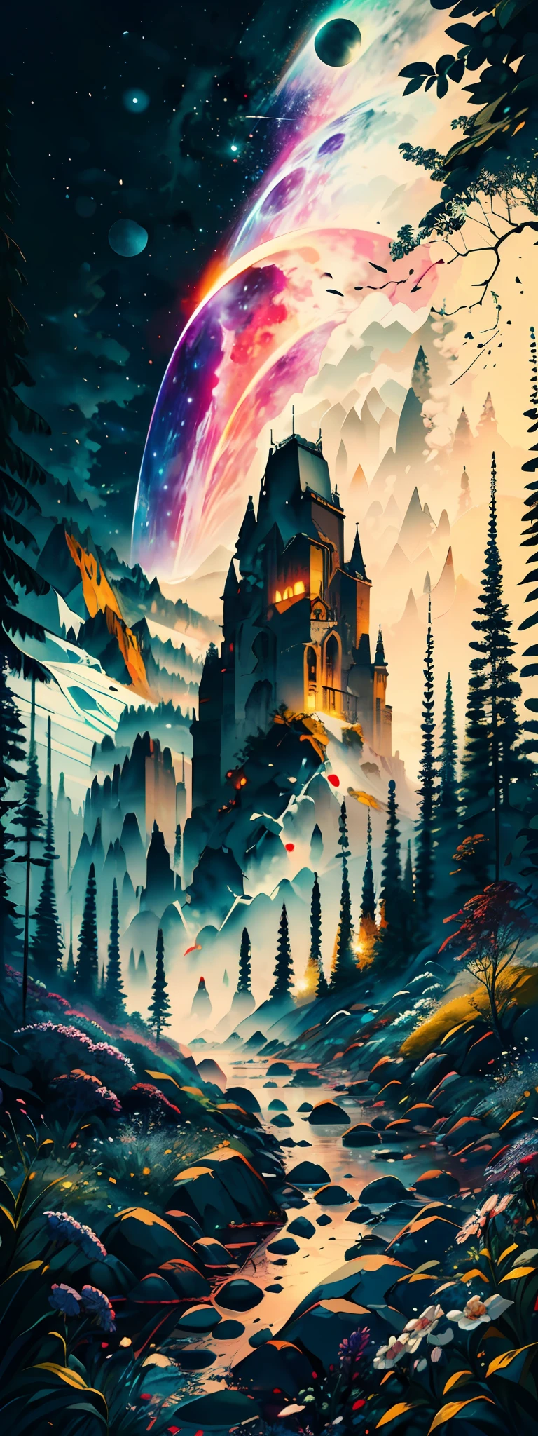 A wide landscape photo, (viewed from below, the sky is above, and the open field is below), a girl standing on a flower field looking up, (full moon: 1.2), (meteor: 0.9), (nebula: 1.3), distant mountains , Trees BREAK Crafting Art, (Warm Light: 1.2), (Firefly: 1.2), Lights, Lots of Purple and Orange, Intricate Details, Volumetric Lighting BREAK (Masterpiece: 1.2), (Best Quality), 4k, Ultra Detailed, (Dynamic Composition: 1.4), Rich in Detail and Color, (Rainbow Color: 1.2), (Glow, Atmospheric Lighting), Dreamy, Magical, (Solo: 1.2)