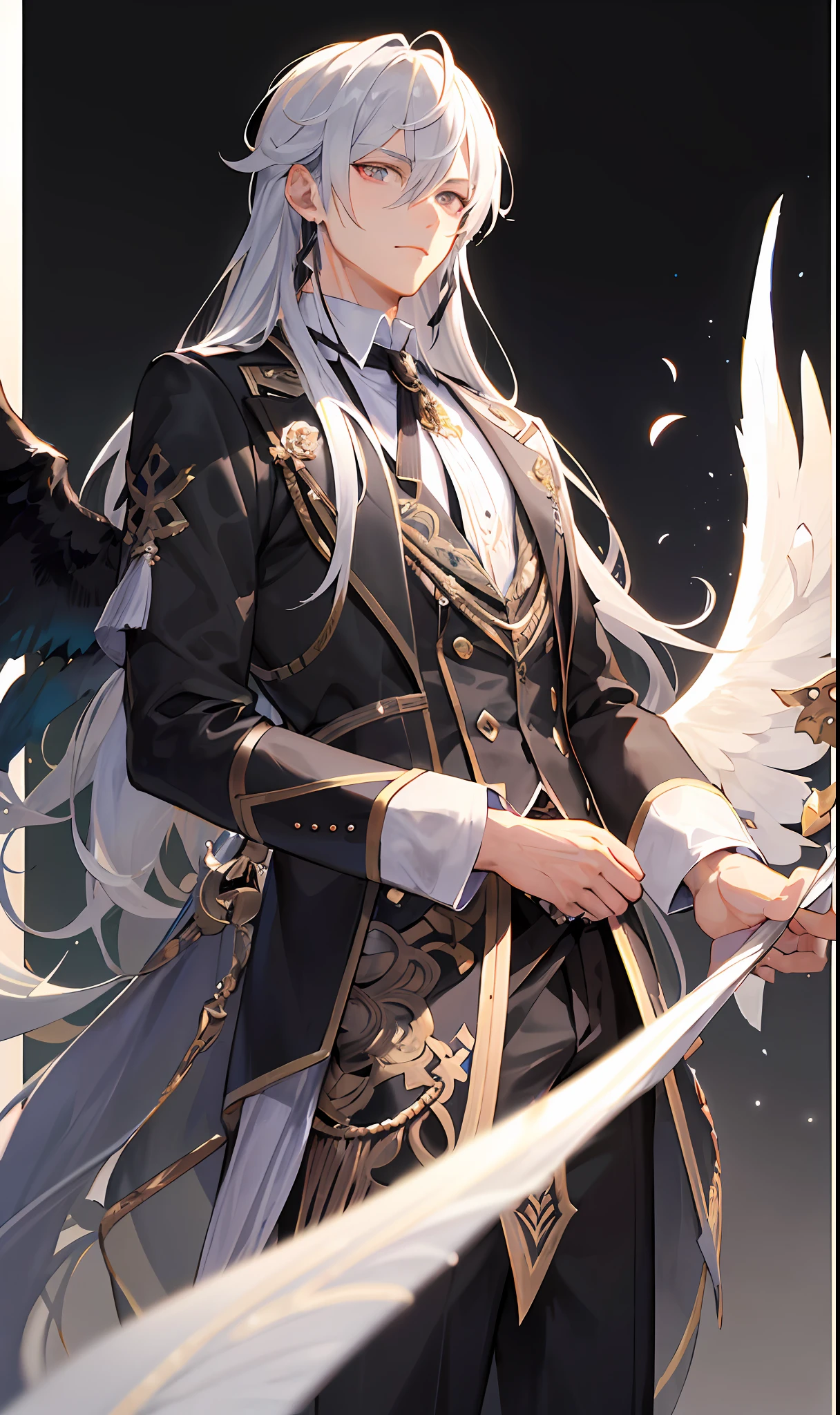 （Highest image quality, tmasterpiece）Long gray hair, purpl eyes, A male, Adult, Dark atmosphere, Western clothing dominated by black, There is a pair of large black wings behind him, Handsome, AS-Adult, Charming facial features, Fallen angels, fanciful，With a gentle expression，Single