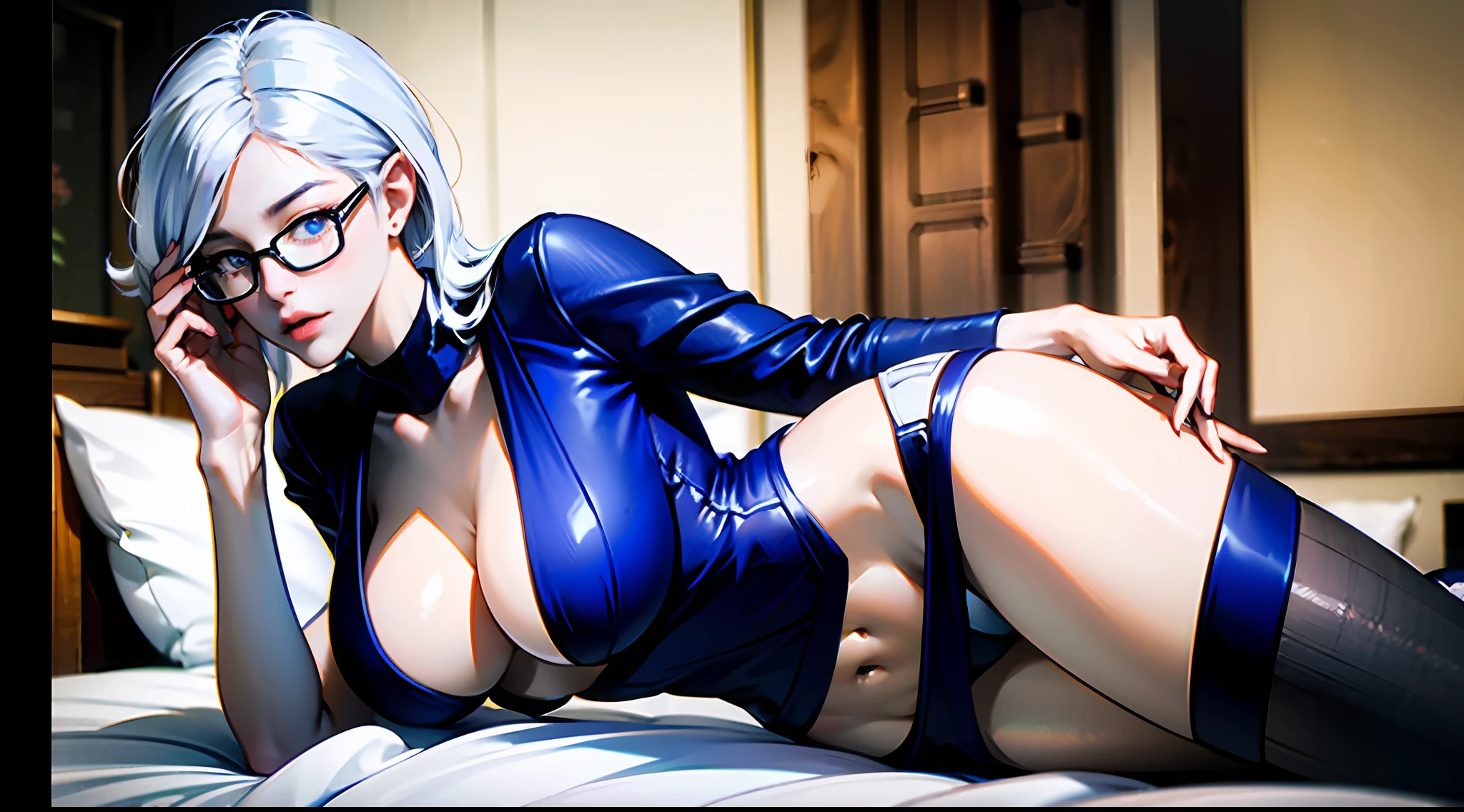 Young woman boss,White hair,eye glass,The face is shy,silk stockingsa,Professionalwear,hugetits,Mature and lewd,Sexy clothes,de pele branca,onbed,female deity,tmasterpiece,high-heeled,A pair of large breasts,Perfect devil figure,