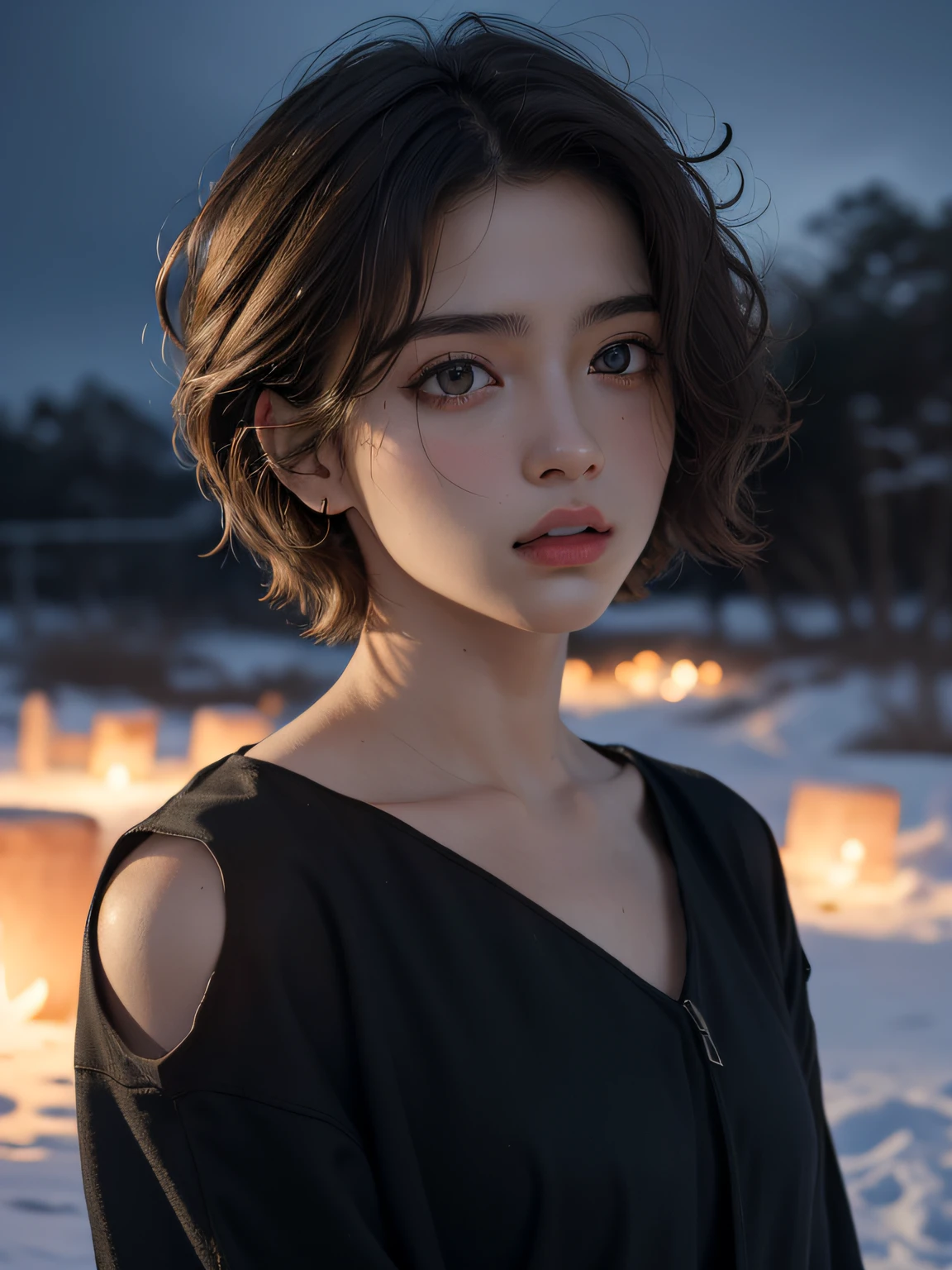 best quailty， tmasterpiece， super high-RES， （realisticlying：1.5）， RAW photogr， 1. Heroic and sassy girl， bshoulders， in the darkness nigth， deep-shadows， lowfers， cold light， Sexy look， short haircut