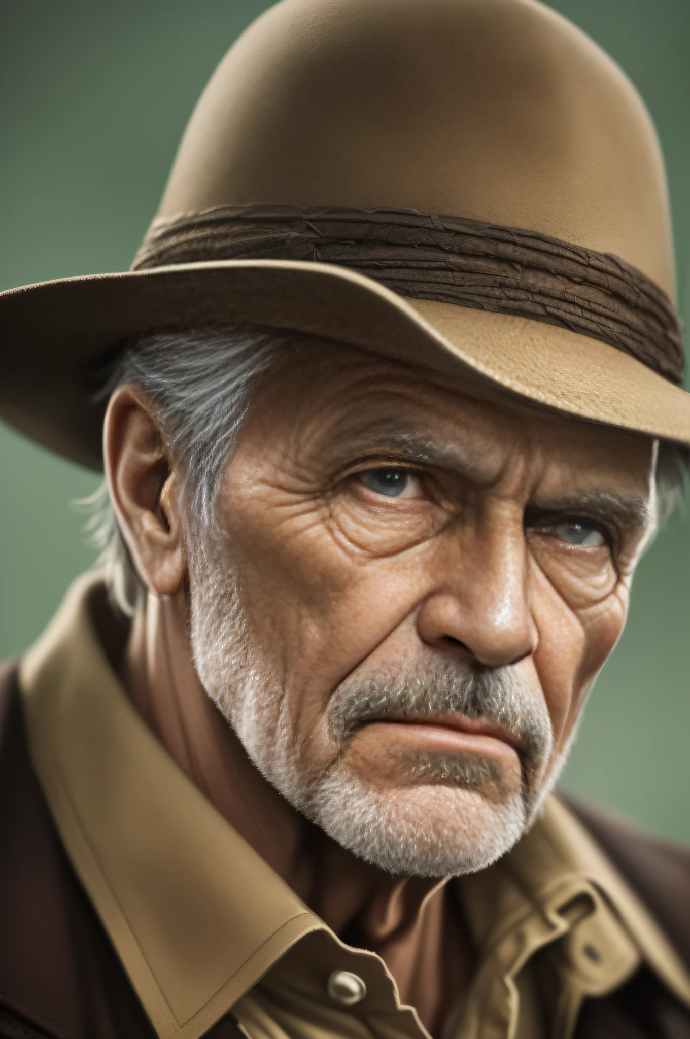 ((primitive, analogue style)) portrait of a handsome old cowboy, Half-smile, High detail intricate, Dramatic, skin pore, very dark lighting, heavyshading, Detailed, Detailed face, (vibrant, Realistic photo, Realistic, Dramatic, Dark, Sharp focus), ((filmgrain, skin detailed, Highly detailed skin texture, 8k hdr, Digital SLR)) aged green background