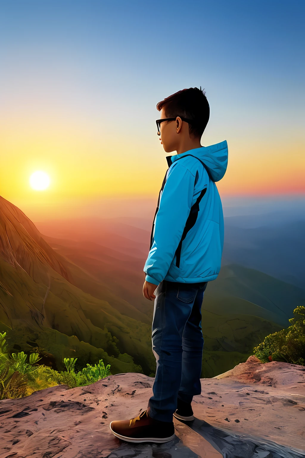 guttonerdvision4, Illustration of a sunrise from above the mountains, with yellowish sky, azul, alaranjado, intrincado, and a bespectacled 3-year-old boy looking at the sunrise horizon. corpo inteiro. Ele veste roupas de aventura. Below and at the bottom of the mountain a city appears blurred demonstrating the height at which the boy is. Ilustracao detalhada, rica em detalhes feita pelo artista Alex Ross