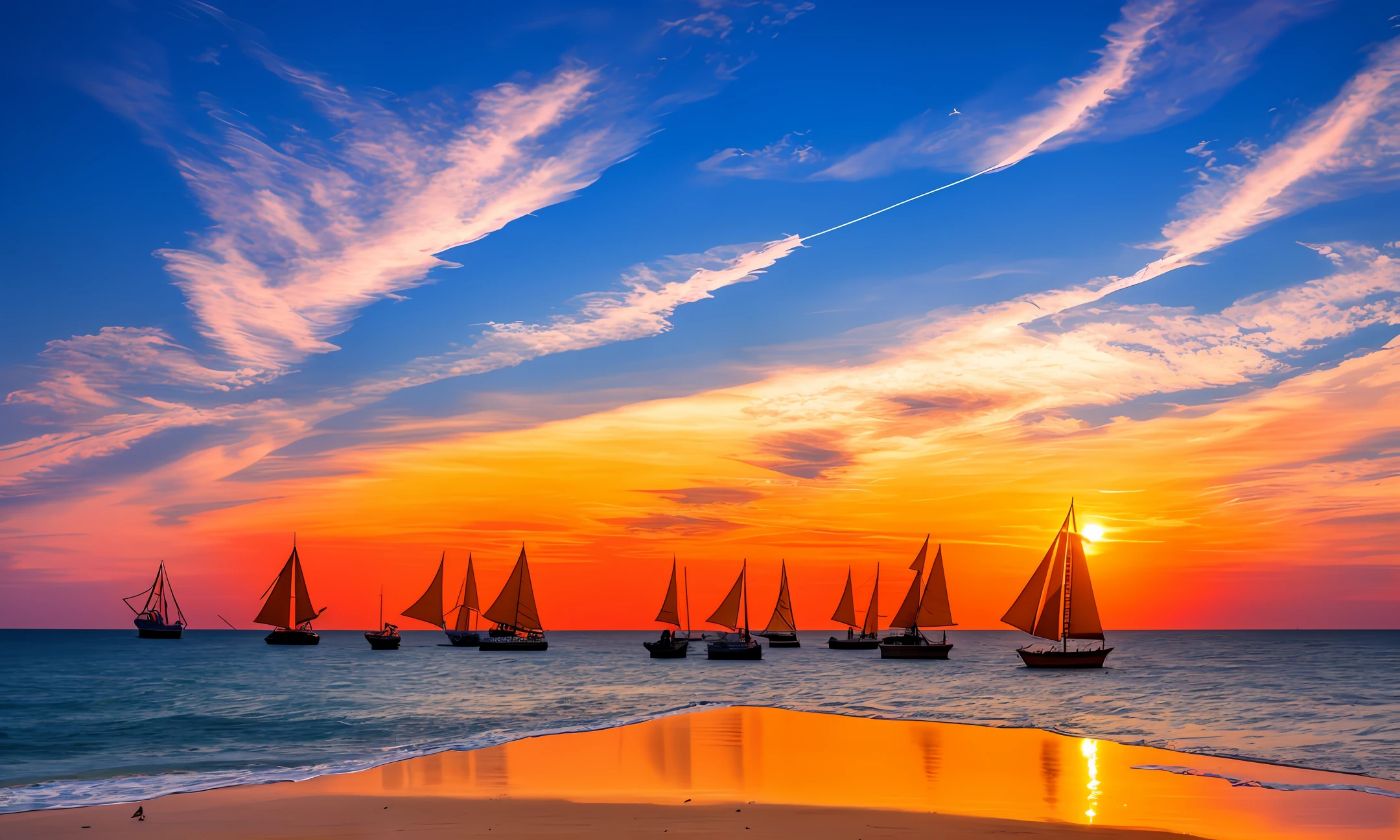 the sea,Burning clouds,seagulls,Sail ships,whales