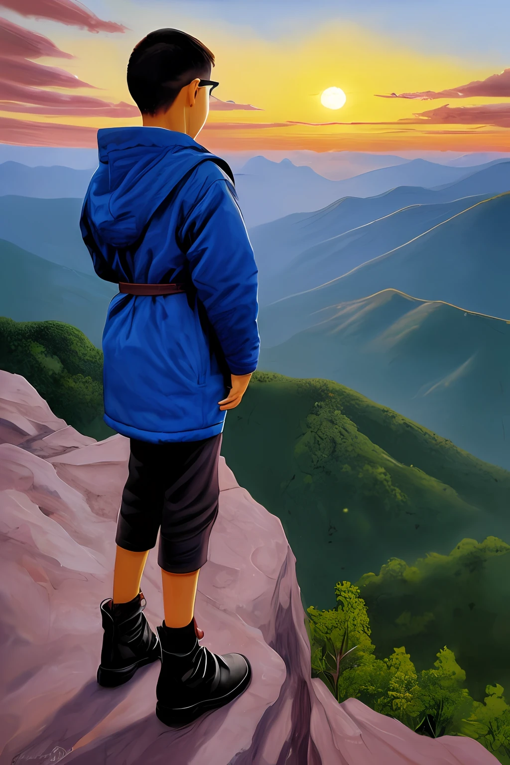 guttonerdvision4, Illustration of a sunrise from above the mountains, with yellowish sky, azul, alaranjado, intrincado, and a bespectacled 3-year-old boy looking at the sunrise horizon. corpo inteiro. Ele veste roupas de aventura. Below and at the bottom of the mountain a city appears blurred demonstrating the height at which the boy is. Ilustracao detalhada, rica em detalhes feita pelo artista Alex Ross