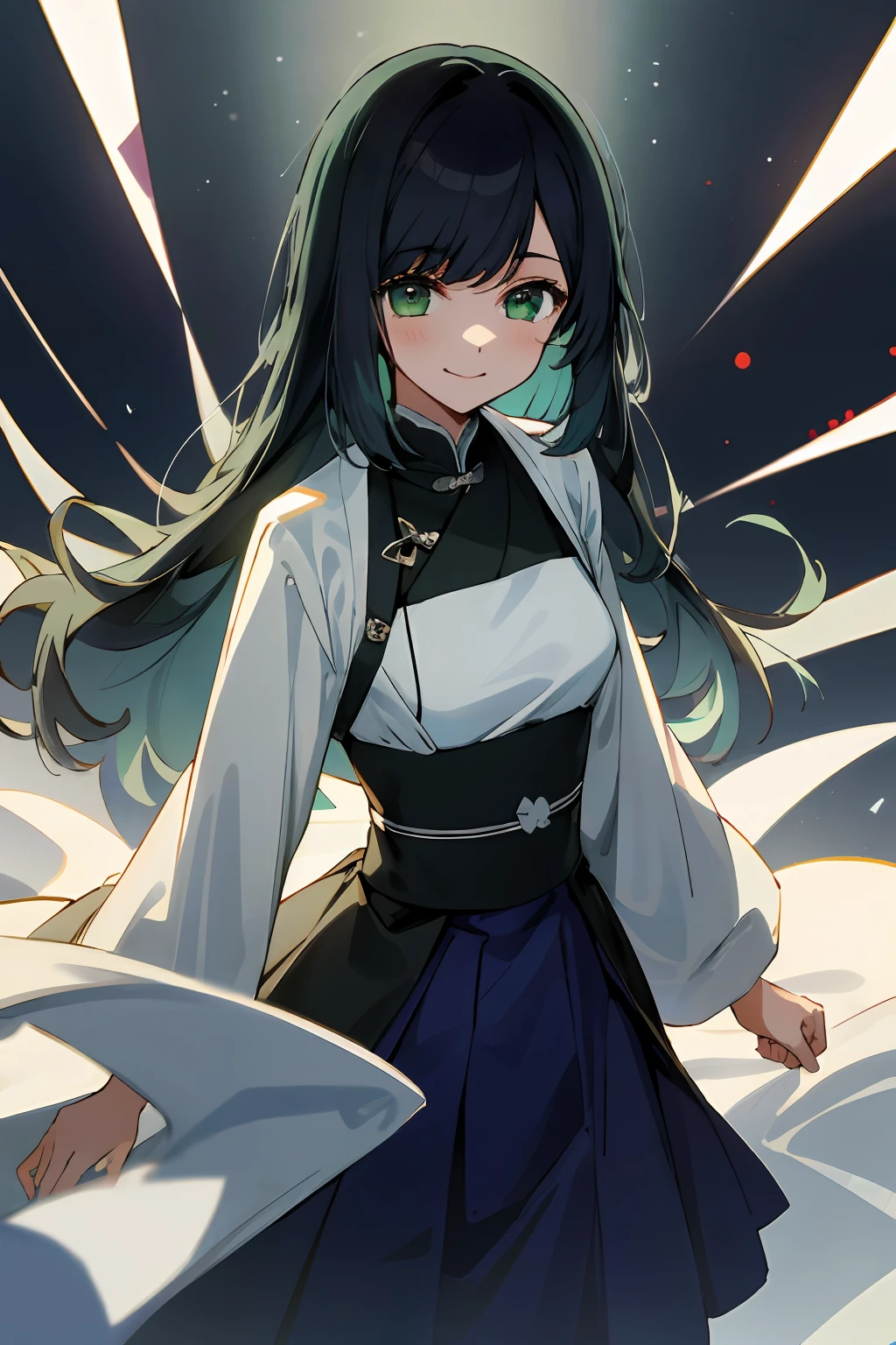 tmasterpiece, hightquality, 8K, beautiful light up, 1girlhugebreasts, 独奏, akane,Long hair, Black hair, Green eyes,, Small breasts,Smile,