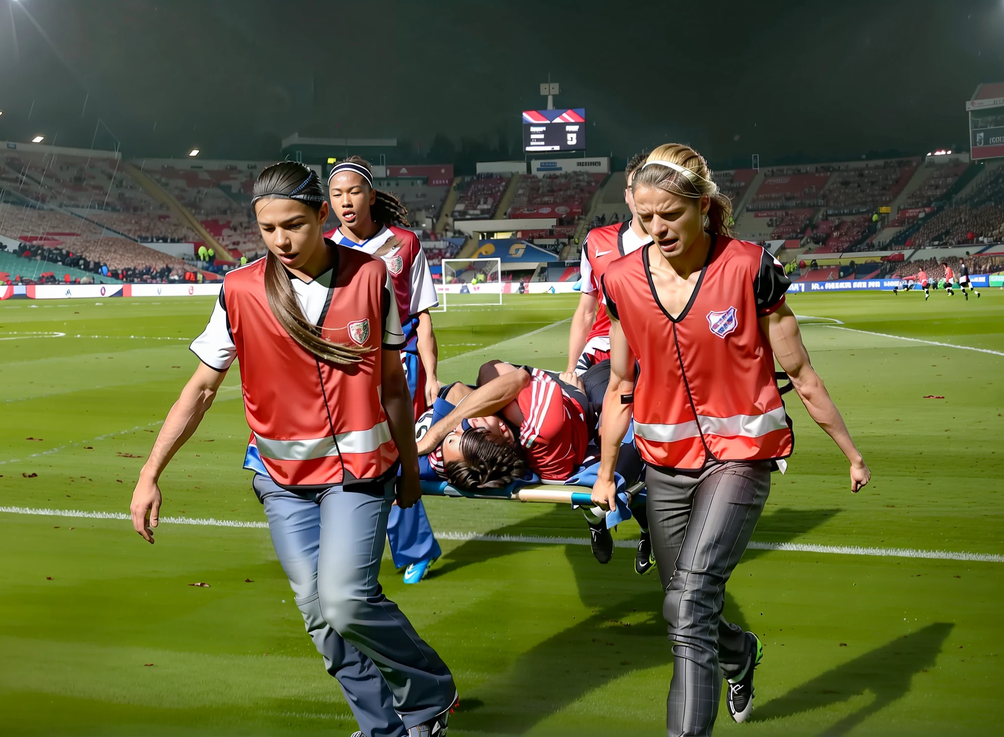 Ein verwundeter Sportler liegt auf einer Bahre, the hands in front of the tormented face, There's an injured soccer player, who covers his tormented face with his hands, while rearing up on a stretcher, There's a soccer player lying there, who lies on a stretcher and covers his tormented face with his hands, a soccer scene in a chinese sports stadium, Regenwetter, Nasser Boden, Niederschlag, Verletzungsszene in einem Sportstadion, Tragen auf einer Trage, There are two young schoolgirls in shiny lederhosen, die eine Trage tragen, There are two long-haired schoolgirls in high-gloss latex leggings, die in einem verregneten Sportstadion einen Strecther tragen, there is a wounded male soccer player in a short sports outfit lying on the stretcher, an injured male soccer player is lying on his back on a stretcher and is grabbing his hurting leg with his hands, A football player rears up in severe pain, while lying on his back on a stretcher, grabbing his injured leg with his hands, Dramatische Szene, thatralic posing szene, Dramatische Mitleidsszene, injury soccer, Erste Hilfe, Hilfe, Mitleid, There are two very angry-looking schoolgirls in shiny latex pants, who look very sad and very scared and very shocked, The injured footballer screams in pain, while he is carried off the pitch on a stetcher through the rain