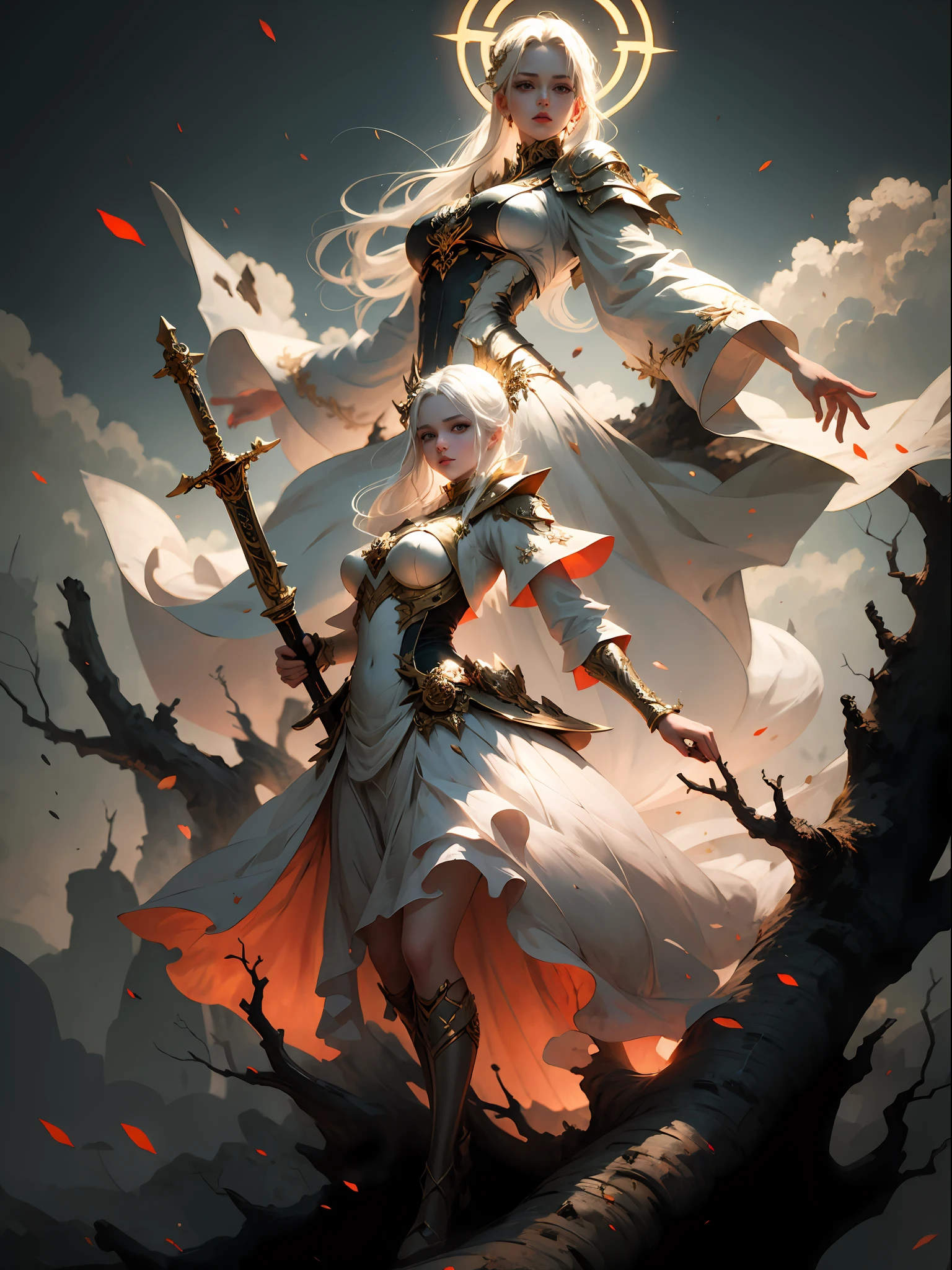 （tmasterpiece），1girlhugebreasts，Long sword in hand，are standing，Look ahead，The aura of the halo，White hair，Black eyes ，white  clothes，（cloudless sky，smog，Pillar of light，Huge dead tree background），Deep tree holes，Shadows are clear，The colors are natural，Beautiful painting masterpiece，