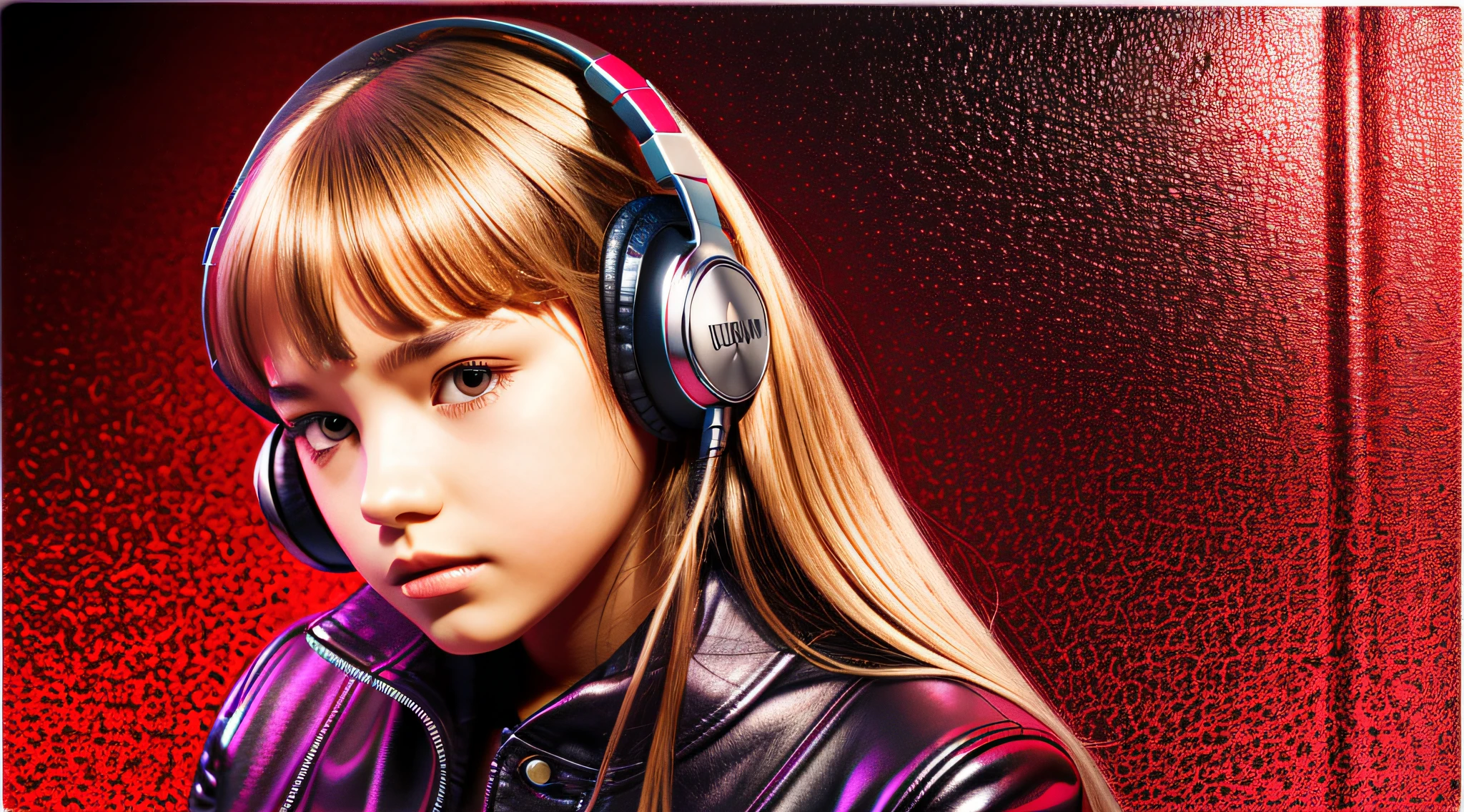 GIRL child 12 years old, RUSSIAN BLONDE long hair and headphones, portrait, SILVER LEATHER JACKET, VINYL AND CDS red background.