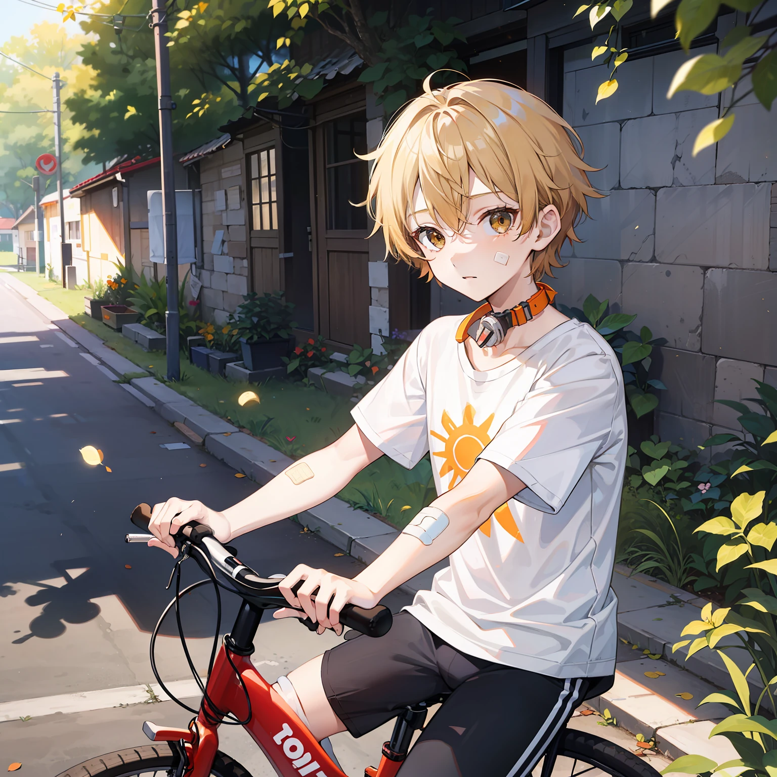 12 year old boy(Relaxed、sun beam、Kind),Short blonde hair,Light brown eyes,A band-aid is attached to the neck,Wear a white T-shirt,Riding a bicycle,The wheel hit an orange cat,tmasterpiece,hightquality