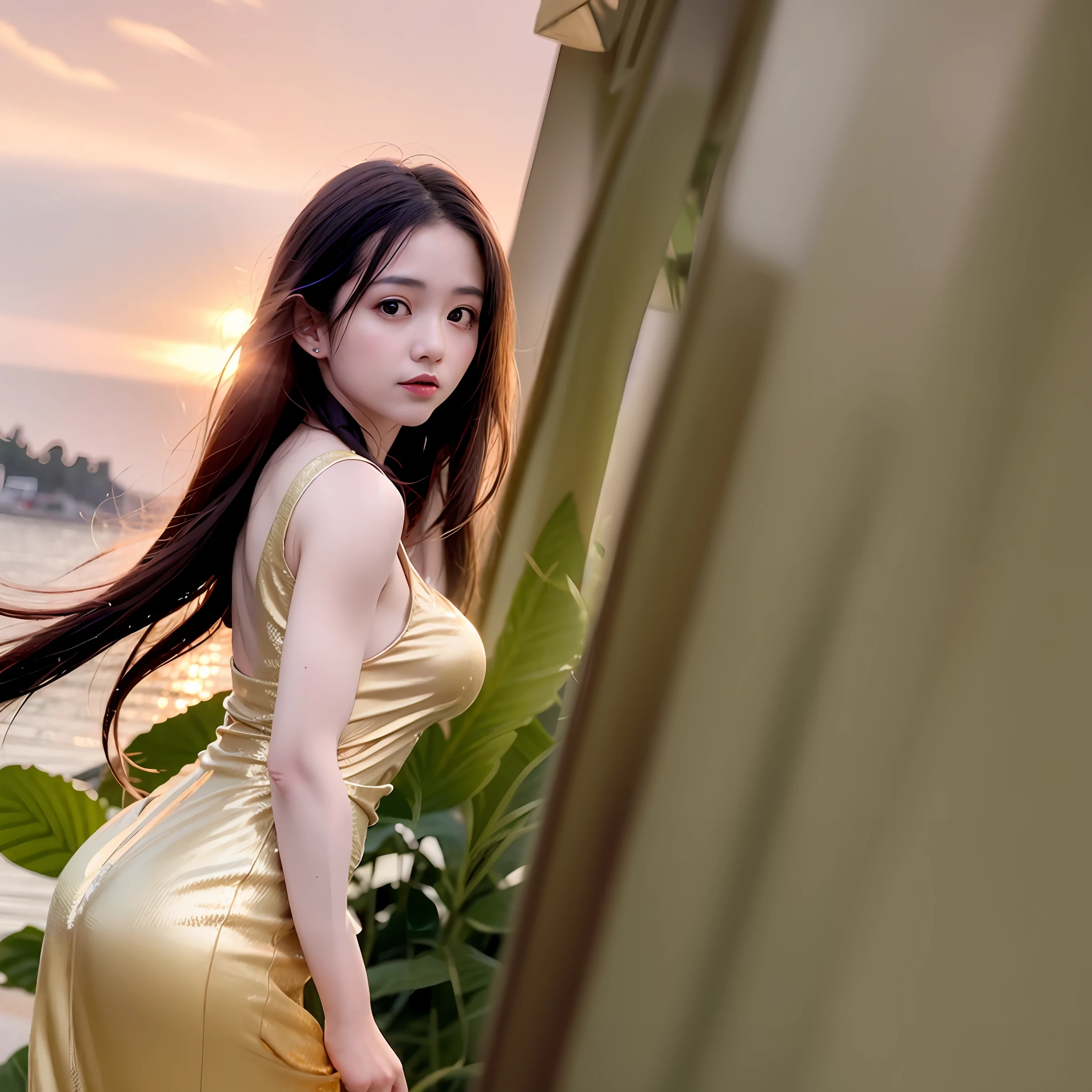 araffe asian woman in a gold dress posing for a picture, Hot with shining sun, golden hour lighing, Asian girl with long hair, soft golden hour lighting, soft golden light, golden hour sunlight, golden hour sunset lighting, shining golden hour, Golden sunlight, at golden hour, golden morning light, Golden light, bathed in golden light, Beautiful Asian Girl