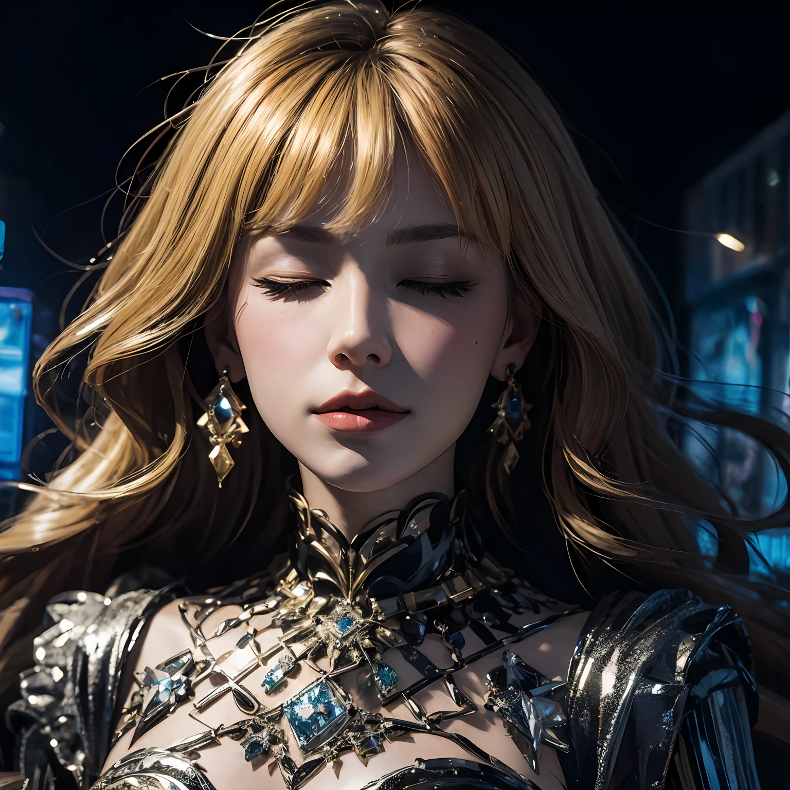 Blonde hair, Parted bangs, Crystal earrings, One eye closed, Cubist Futurism, stereograms, Close-up, From below, The ultra -The high-definition, High details