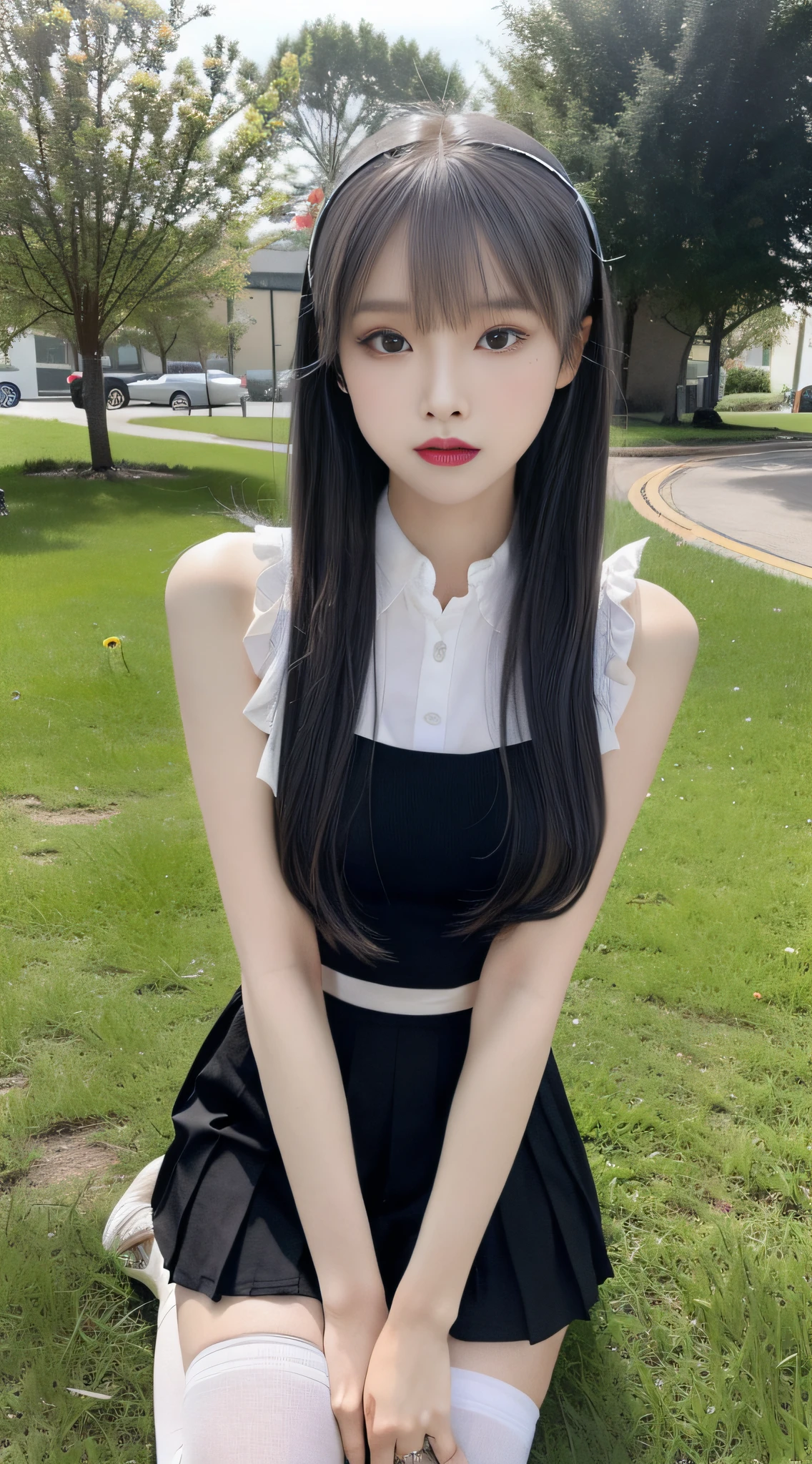 (true to life,Photorealistic 1.5),((best quailty, 8K, tmasterpiece:1.3)), (双眼皮,largeeyes:1.3),(The expression is pitiful 1.5),(Aggrieved expression 1.5)Clear focus 1.2, Perfect body beauty:1.4 , Delicate skin1.1,(Ball head 1.2),(Delicate facial features1.4),(Pure desire 1.3)White school uniform,denim short,Knee-length black stockings,Stand at Lavender Manor(Flowers all over the ground 1.5)