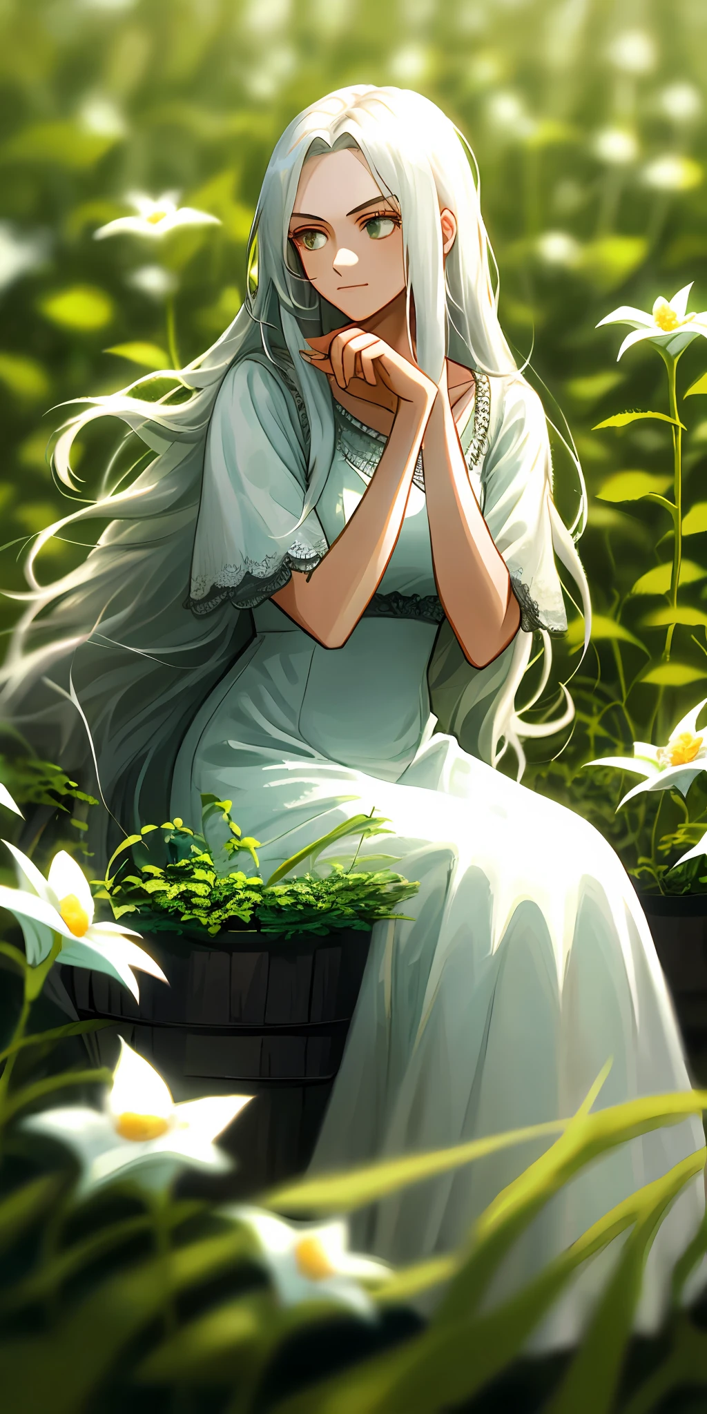 (masterpiece, best quality),1girl with long white hair sitting in a field of green plants and flowers, her hand under her chin, warm lighting, white dress, blurry foreground