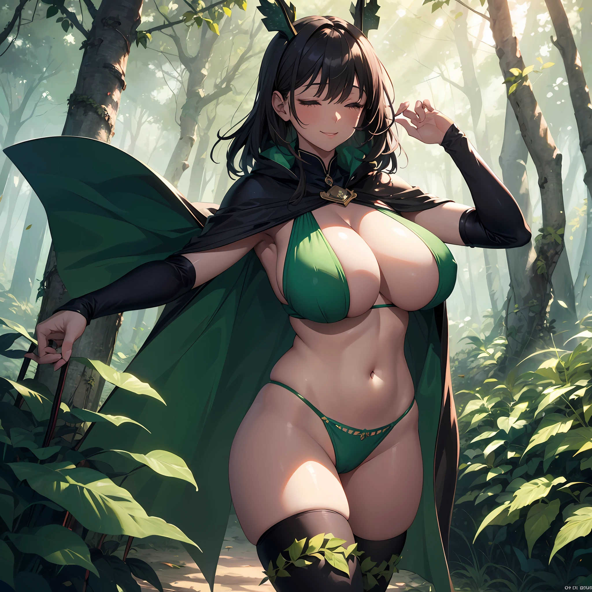 fantasy, 1forest_elemental_girl, (dark_skin)0.9, (using_leaves_clothes, green_leaves_covered_breasts, leaves_covered_pussy)+++,(gigantic_heavy_tits:1.1), walking, (smile, sleepy)+, medium_hair, navel,(plump:0.9), oil, (winding_vine_around_torso)++, forest_background, leaves_headgear, green_leaves_cape, spread_arms, large_staff, leaves_thighhighs, big_ass,