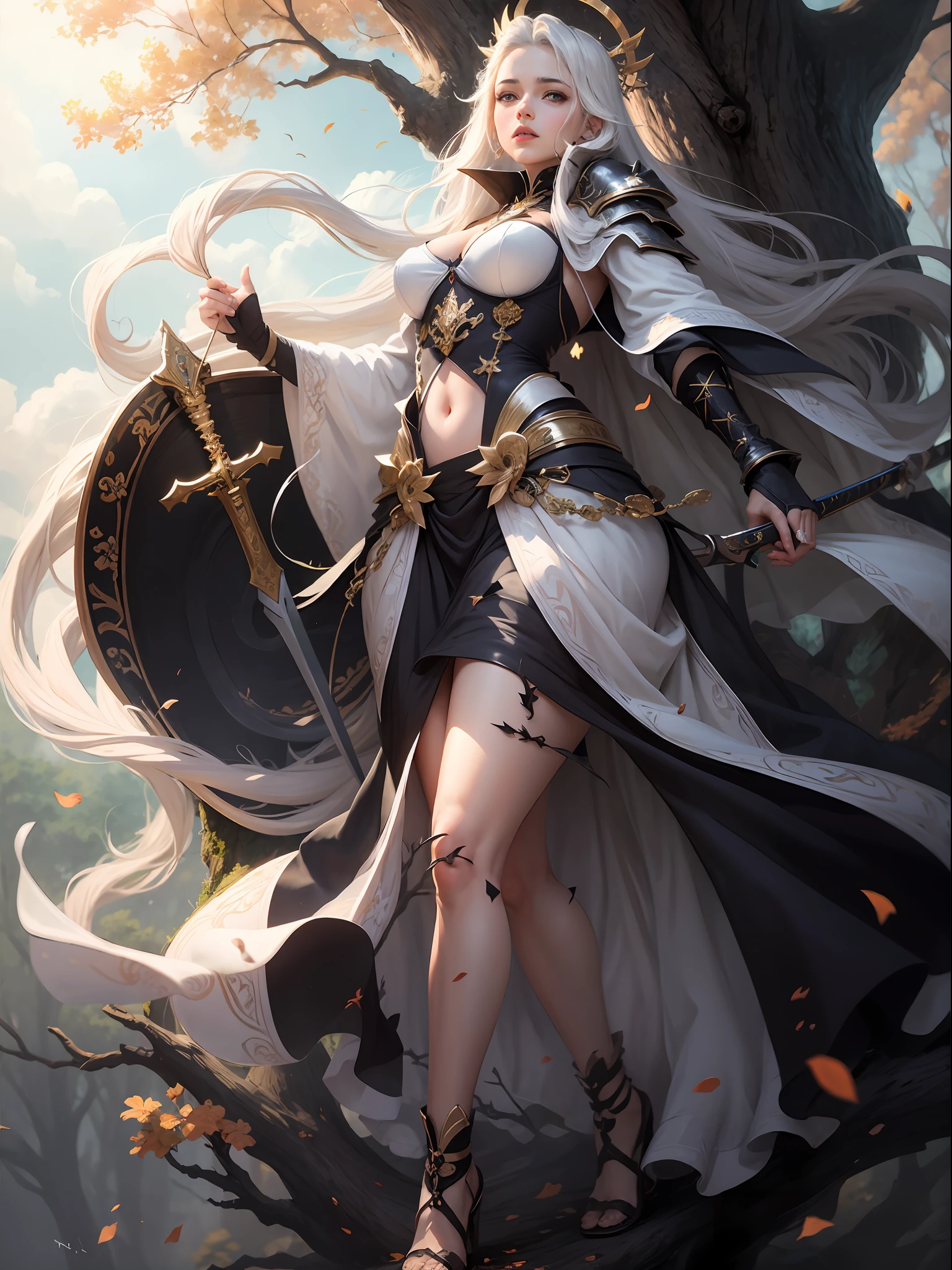 (tmasterpiece),1girlhugebreasts,Long sword in hand,are standing,Look ahead,The aura of the halo,White hair,Black eyes ,white clothes,(cloudless sky,smog,Pillar of light,Huge dead tree background),Deep tree holes,Shadows are clear,The colors are natural,Beautiful painting masterpiece,