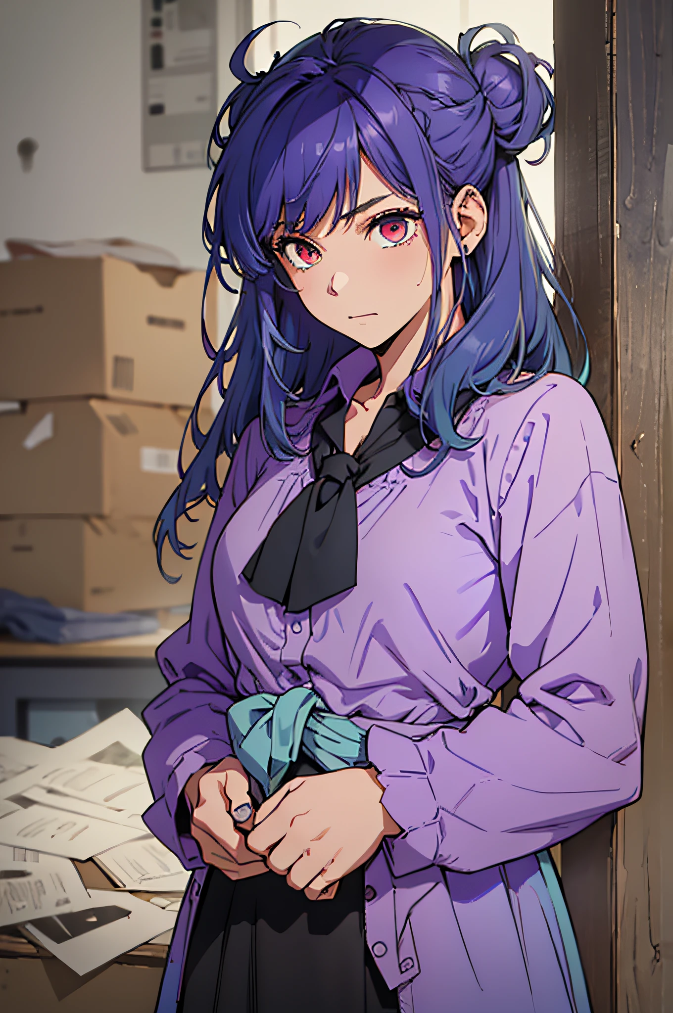 (((1girl))), ((((solo)))), ((messy hairstyle)), standing taking a picture, (((blue-violet hair)), red eyes, soft blouse