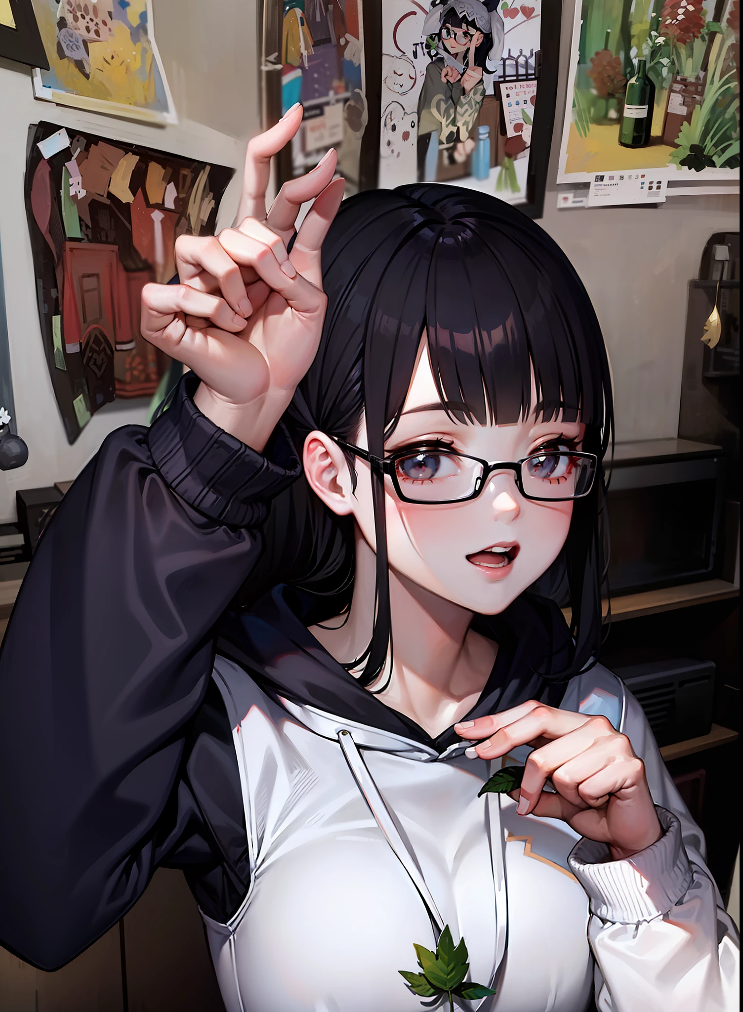 There was a woman wearing glasses and a white hoodie with green maple leaves on her chest holding up two fingers,  Ruan cute vtuber, blunt bangs fall on her forehead, She has black hair，By bangs, she has a cute expressive face