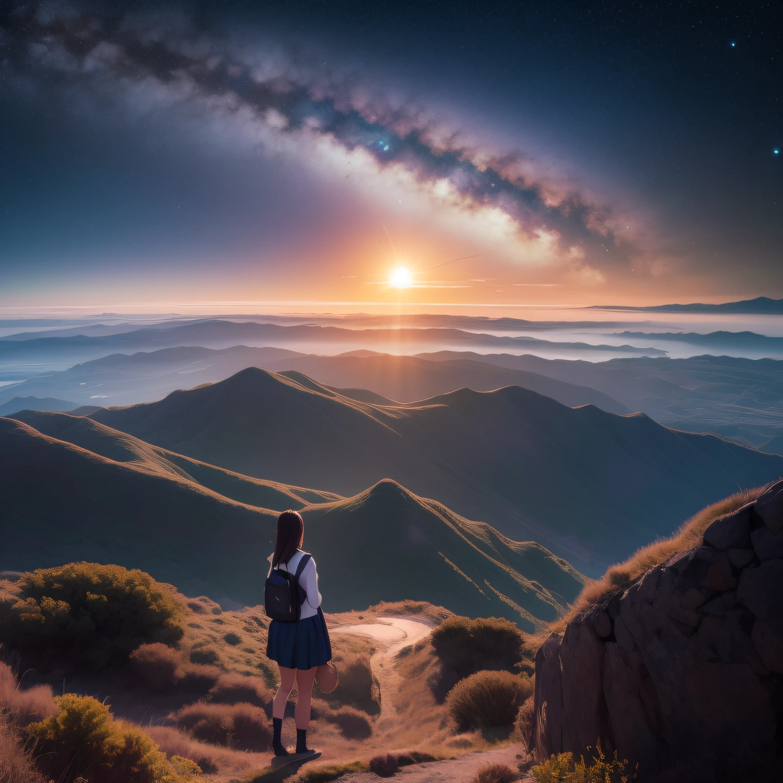 super-fine early evening the setting sun、Official art animated cartoon hi-school girl universes Magellanic Nebula planet earth landscape shot、Distant view Milky way