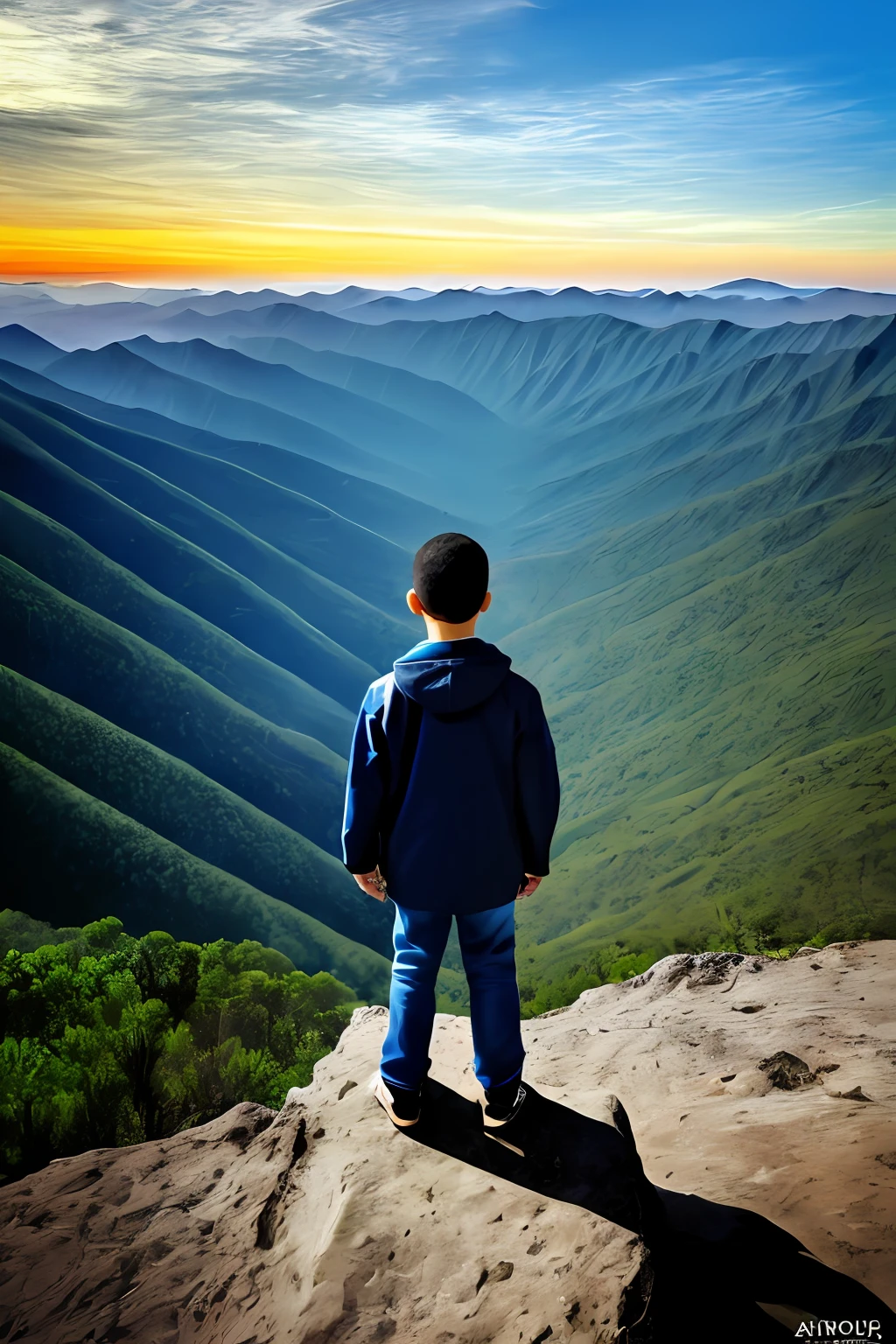 guttonerdvision6, Illustration of a sunrise from above the mountains, with yellowish sky, azul, alaranjado, intrincado, and a bespectacled 3-year-old boy looking at the sunrise horizon. corpo inteiro. Ele veste roupas de aventura. Below and at the bottom of the mountain a city appears blurred demonstrating the height at which the boy is. Ilustracao detalhada, rica em detalhes feita pelo artista Alex Ross