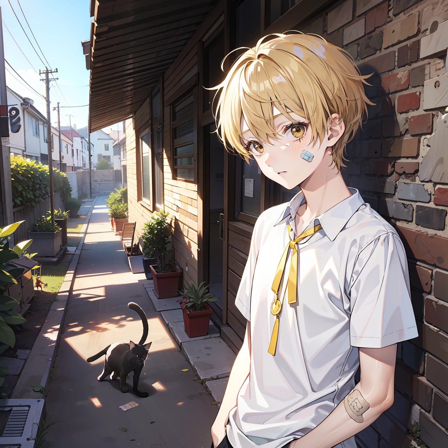 12 year old boy(Relaxed、sun beam、Kind),Short blonde hair,Light brown eyes,A band-aid is attached to the neck,Wear a white shirt,On the run,This is followed by a group of cats,tmasterpiece,hightquality