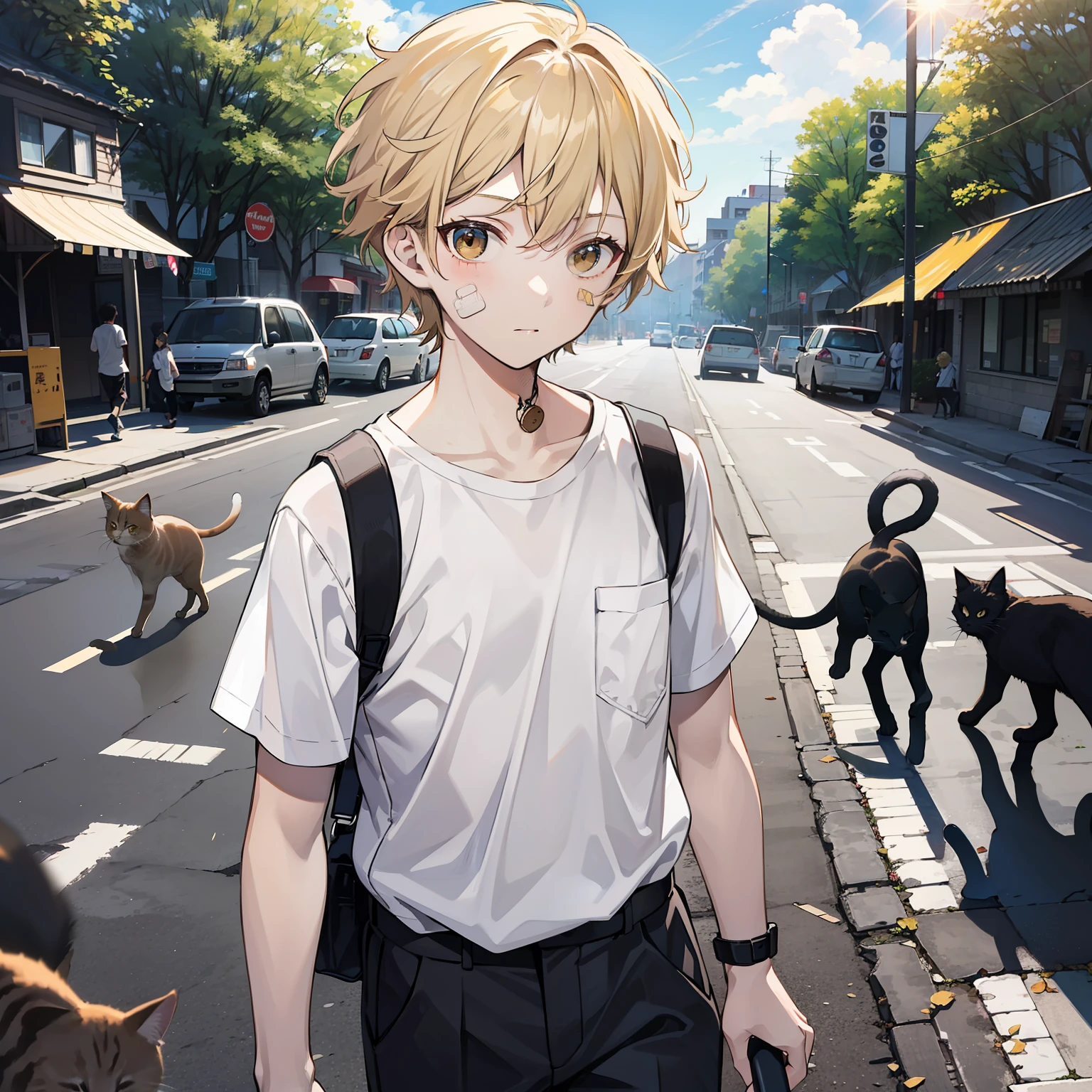 12 year old boy(Relaxed、sun beam、Kind),Short blonde hair,Light brown eyes,A band-aid is attached to the neck,Wear a white shirt,On the run,This is followed by a group of cats,tmasterpiece,hightquality
