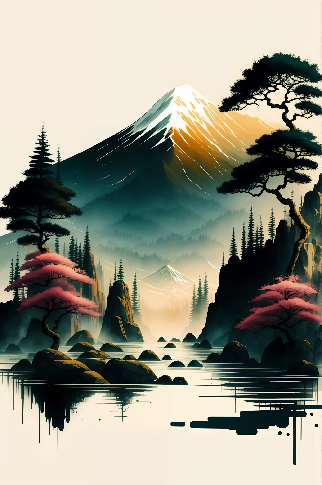 white background, scenery, ink, mountains, water, trees