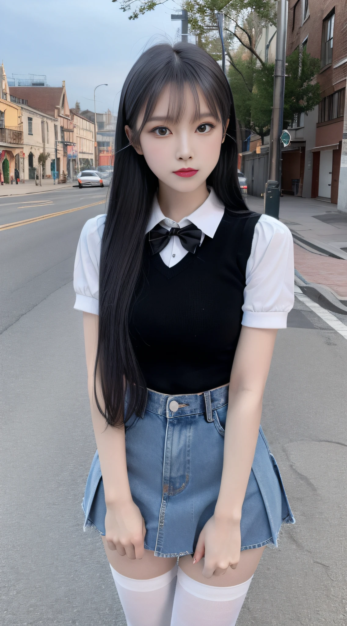 (true to life,Photorealistic 1.5),((best quailty, 8K, tmasterpiece:1.3)), (双眼皮,largeeyes:1.3),(The expression is pitiful 1.5),(Full body photo 1.5)(Aggrieved expression 1.5)Clear focus 1.2, Perfect body beauty:1.4 , Delicate skin1.1,(Ball head 1.2),(Delicate facial features1.4),(Pure desire 1.3)White school uniform,denim short,Knee-length black stockings,Stand at Lavender Manor(Flowers all over the ground 1.5)