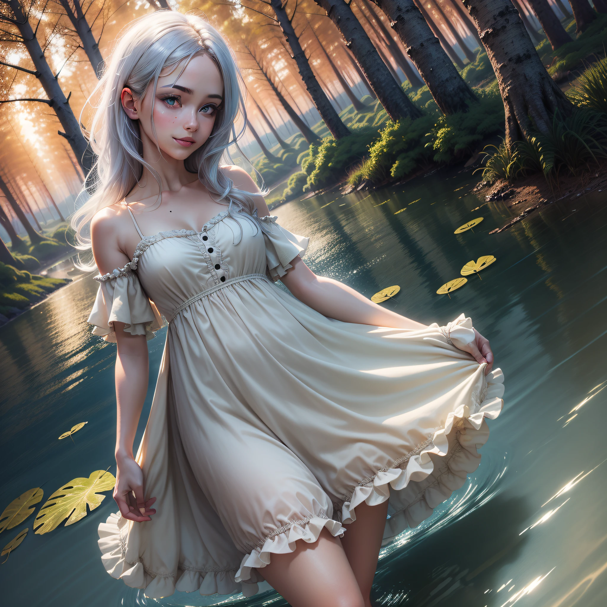 masterpiece}},(extremely detailed CG unity 8k wallpaper), (((best quality))), ((ultra-detailed)),(best shadow), ((an extremely delicate and beautiful)),(best illustration),(Layer
of thickening),(detailed light and shadow:1.2) ,(3D:1.2),dynamic angle,floating,(painting),(sketch),
(masterpiece:1.3), (best quality:1.2), extremely detailed,(1girl),solo,cowboy shot,silver hair,long hair,blue eyes,light smile,sundress, (gradient sky), dusk,(horizon),reflecting,water, lake,woods