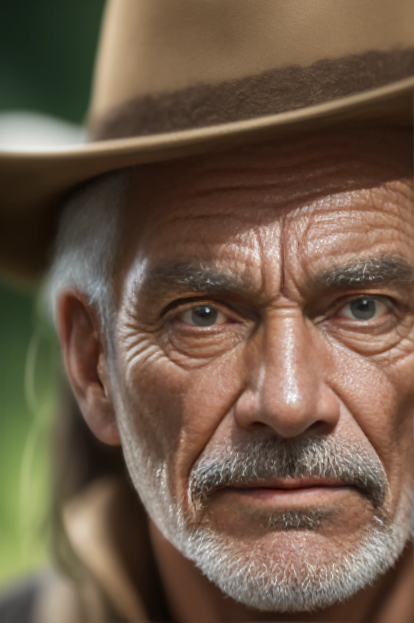 ((primitive, analogue style)) portrait of a handsome old cowboy, Half-smile, High detail intricate, Dramatic, skin pore, very dark lighting, heavyshading, Detailed, Detailed face, (vibrant, Realistic photo, Realistic, Dramatic, Dark, Sharp focus), ((filmgrain, skin detailed, Highly detailed skin texture, 8k hdr, Digital SLR)) aged green background
