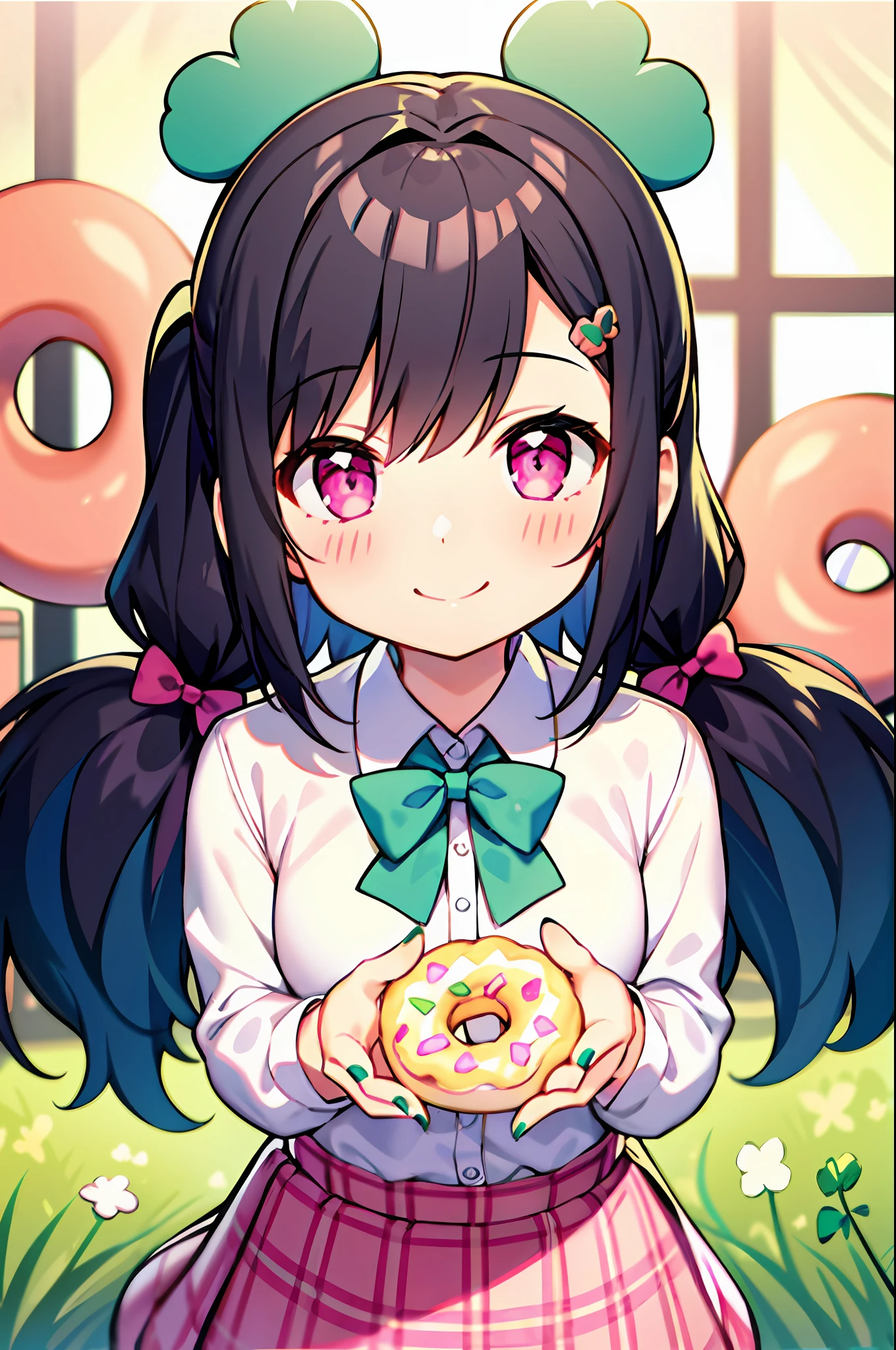 MARUMOCHI,1girl, hair ornament, clover, bow, twintails, smile, stuffed toy, green bow, solo, clover hair ornament, long hair, four-leaf clover, stuffed animal, green nails, black hair, hairclip, shirt, skirt, low twintails, doughnut, bangs, collared shirt, white shirt, stuffed bunny, plaid, long sleeves, food, bowtie, looking at viewer, pink bow, four-leaf clover hair ornament, hair bow, nail polish, sweater, blush, pink eyes