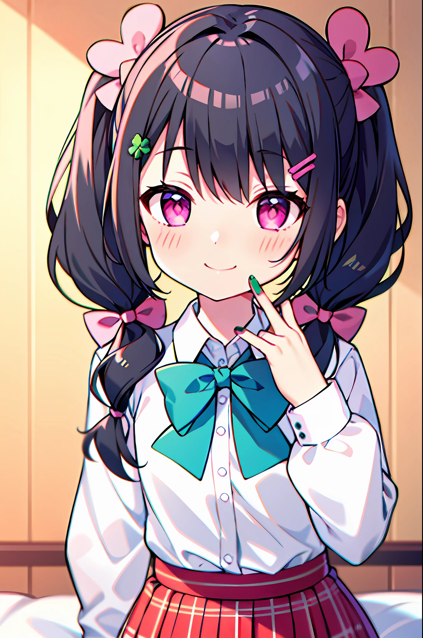 MARUMOCHI,1girl, hair ornament, clover, bow, twintails, smile, stuffed toy, green bow, solo, clover hair ornament, long hair, four-leaf clover, stuffed animal, green nails, black hair, hairclip, shirt, skirt, low twintails, doughnut, bangs, collared shirt, white shirt, stuffed bunny, plaid, long sleeves, food, bowtie, looking at viewer, pink bow, four-leaf clover hair ornament, hair bow, nail polish, sweater, blush, pink eyes